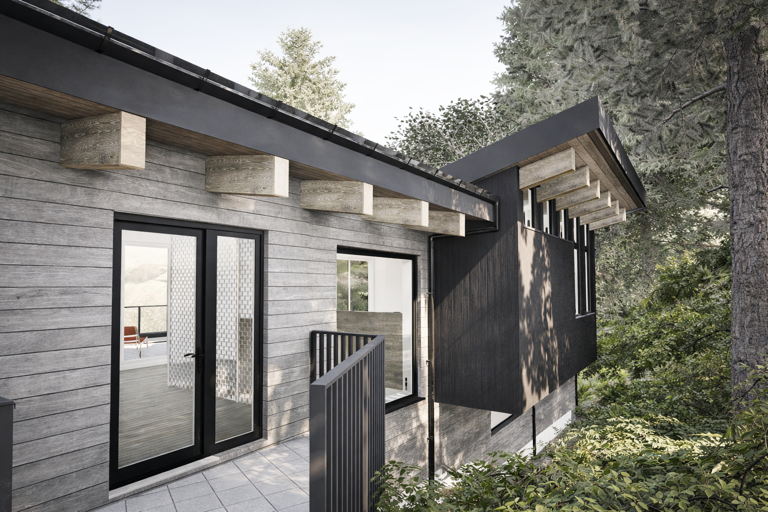 Contemporary West coast modern hillside home with natural materials, exposed timber, large windows in Lions Bay, BC. Front door entrance and kitchen bump out with views into the forrest.