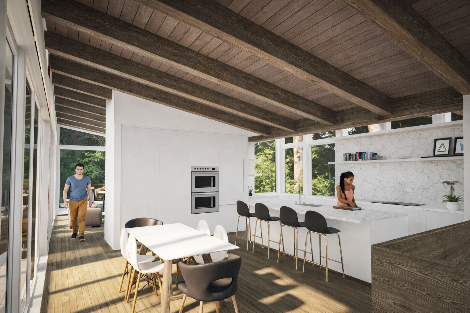 Contemporary West coast modern hillside home with natural materials, exposed timber, large windows in Lions Bay, BC. Modern kitchen, exposed timber beams, natural light and views.