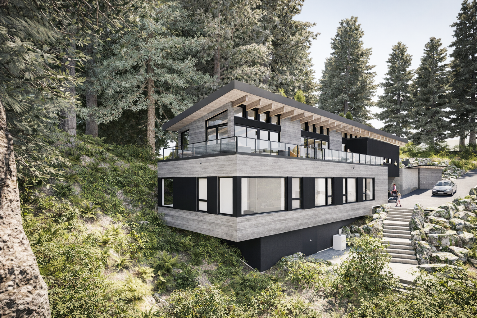 Contemporary West coast modern hillside home with natural materials, exposed timber, large windows in Lions Bay, BC. large outdoor terrace opens to expansive ocean views.