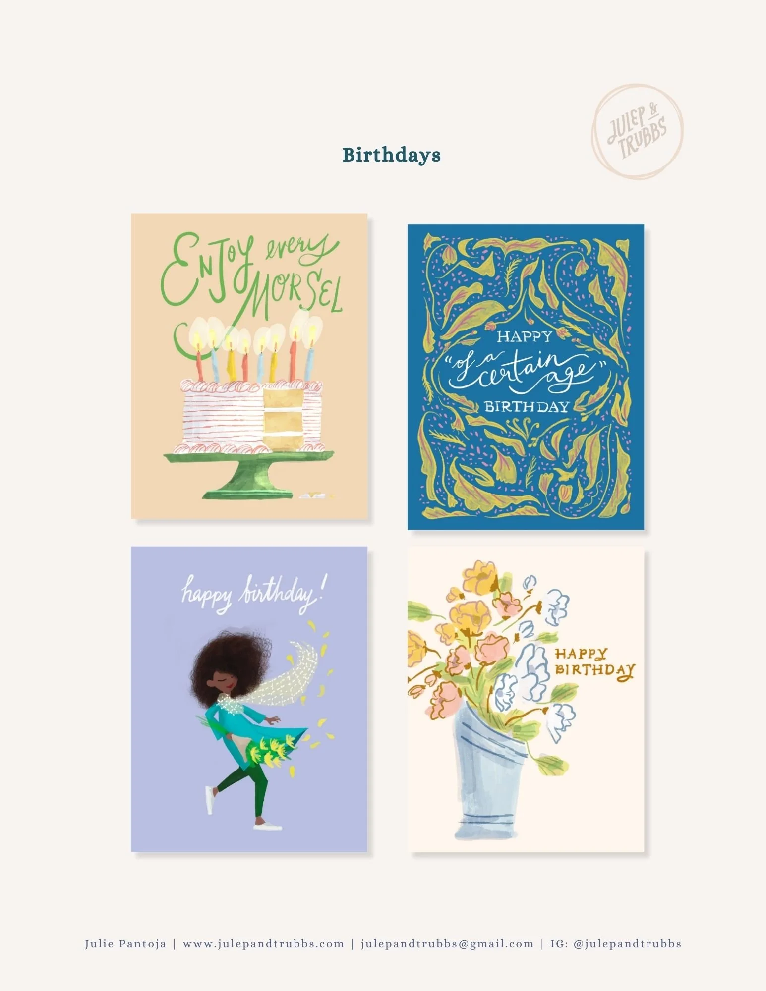 Four illustrated birthday cards featuring cakes, flowers, and celebration themes.