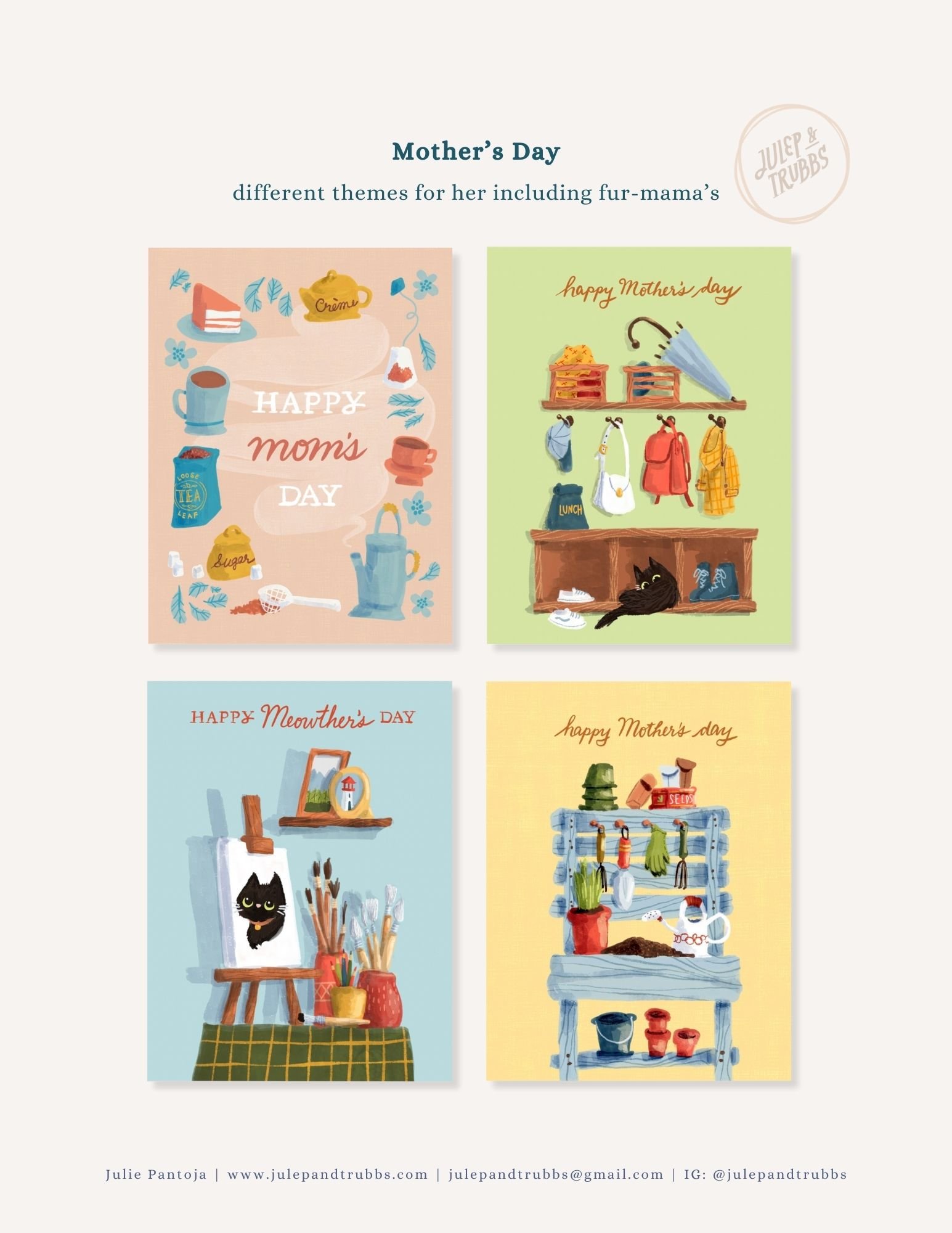 Four Mother's Day cards with different themes, including cozy, organizational, creative, and gardening, featuring illustrations of tea, flowers, art supplies, and plants.