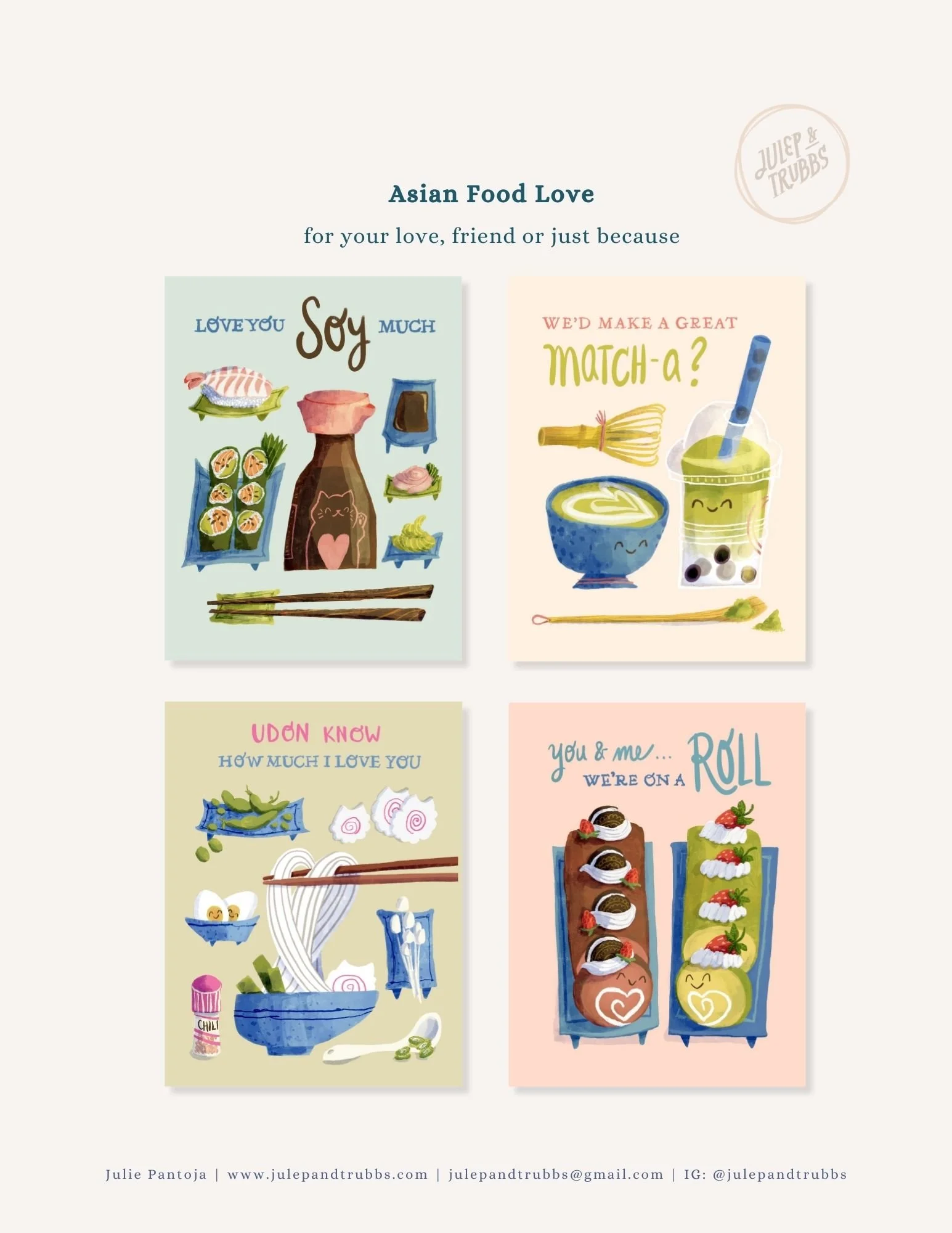 Colorful illustrated Asian food cards with playful text, including sushi, dumplings, bubble tea, and desserts, arranged in a grid.