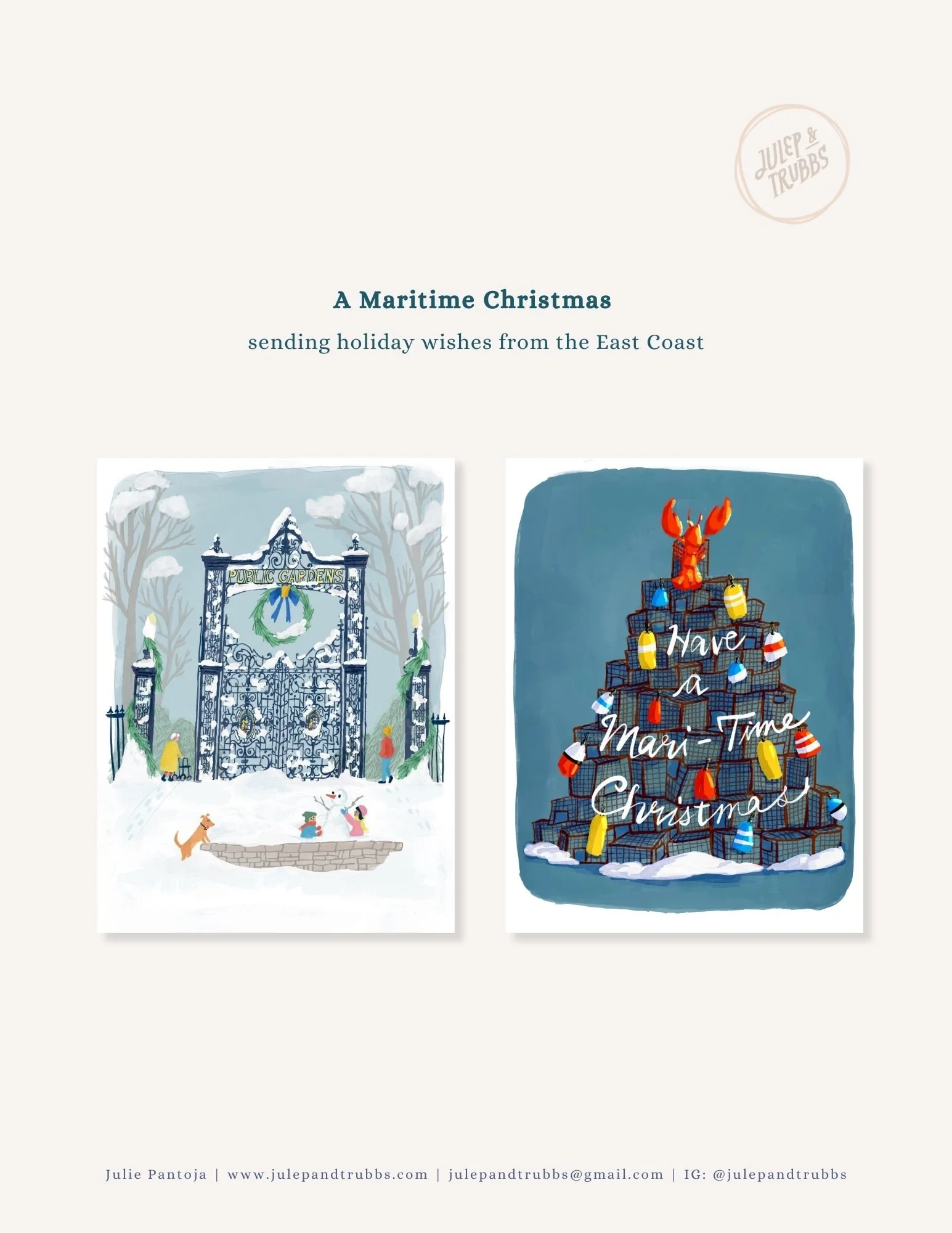 Two Christmas cards: one depicts a snowy park gate with children and a snowman, the other features a lobster atop a Christmas tree with presents, with the message 'Have a Man-Time Christmas'.