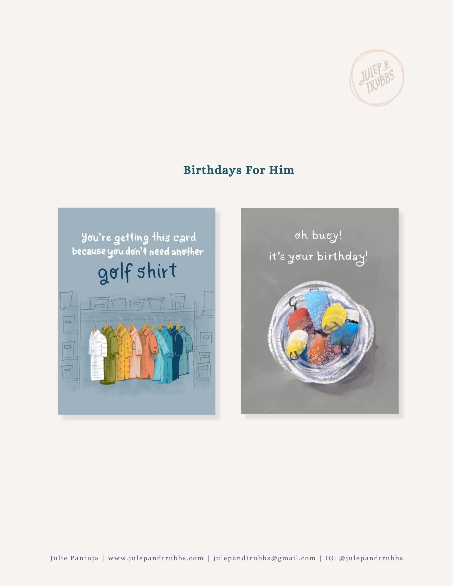 A birthday card with two illustrations. The left illustration shows a closet with hanging golf shirts and text that reads, 'You're getting this card because you don't need another golf shirt.' The right illustration depicts a basket of wrapped gifts with the text, 'oh boy! it's your birthday!'