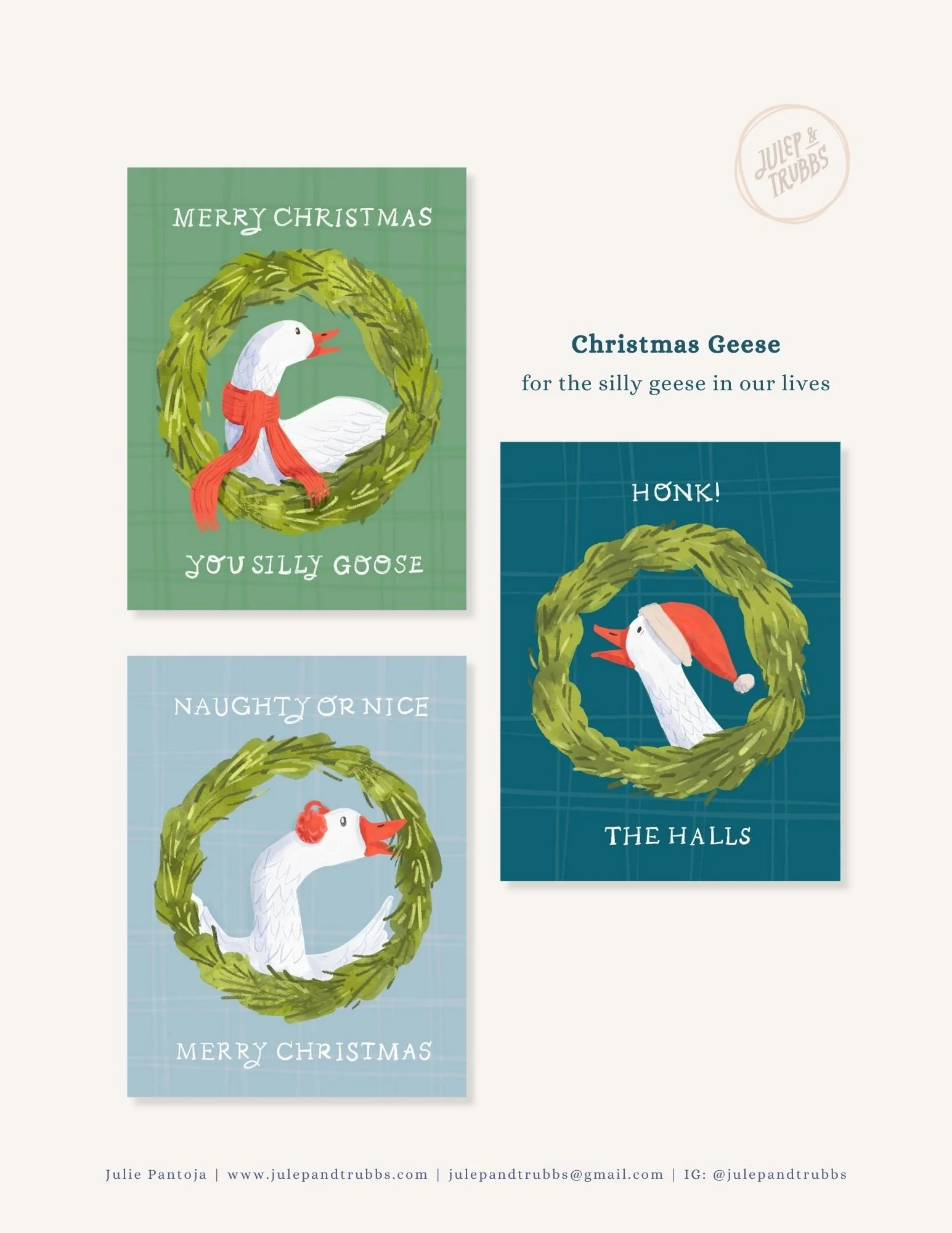Three Christmas cards featuring a cartoon goose with a wreath and holiday greetings.