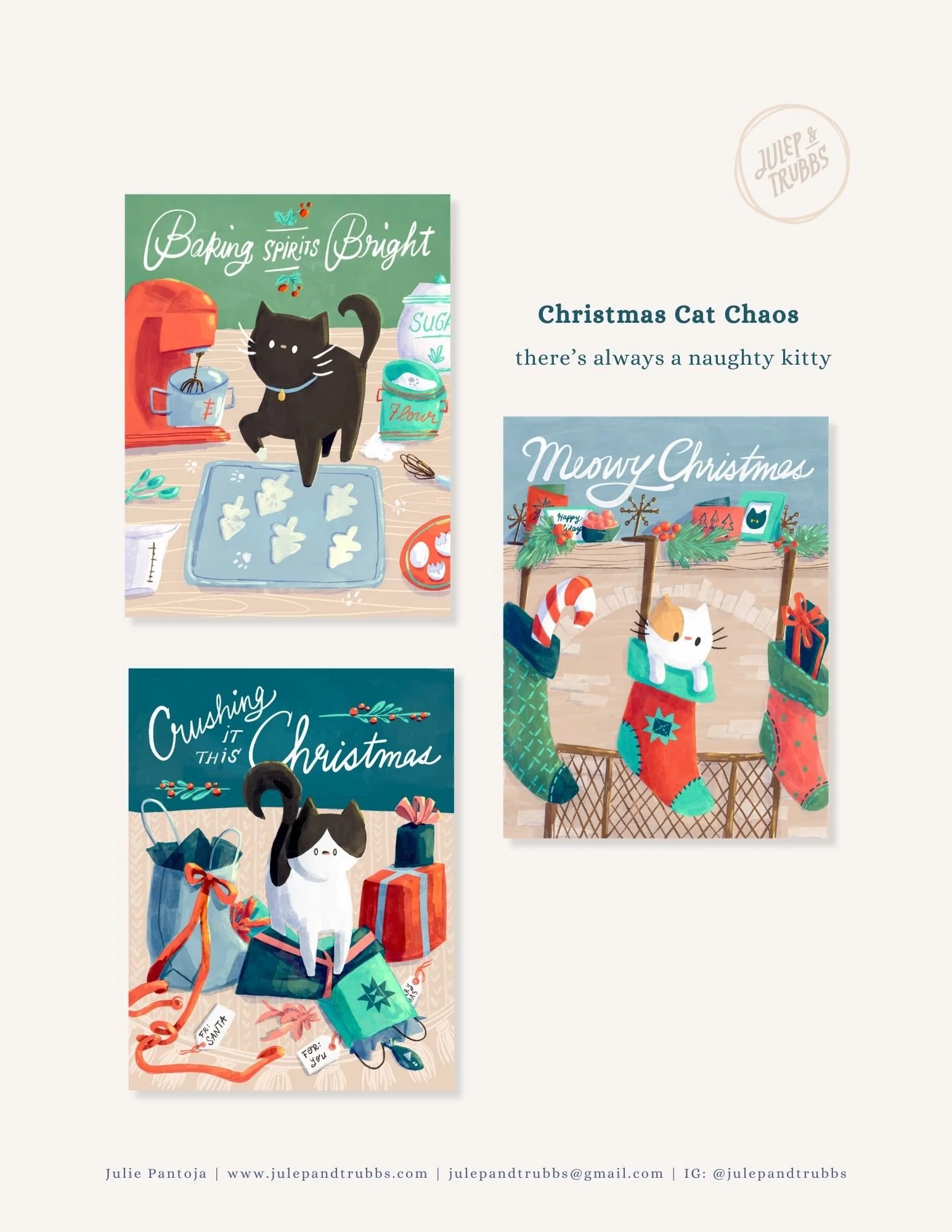 Three Christmas-themed illustrated greeting cards featuring cats and holiday decorations.