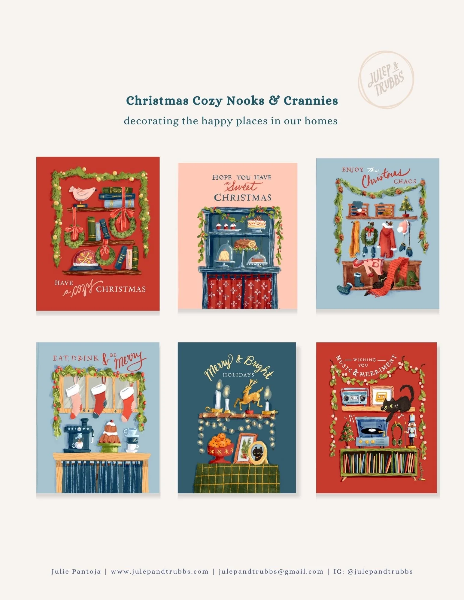 Six holiday-themed illustrations of cozy nooks and crannies decorated for Christmas, including a bookshelf, fireplace, and record player, with holiday greetings.