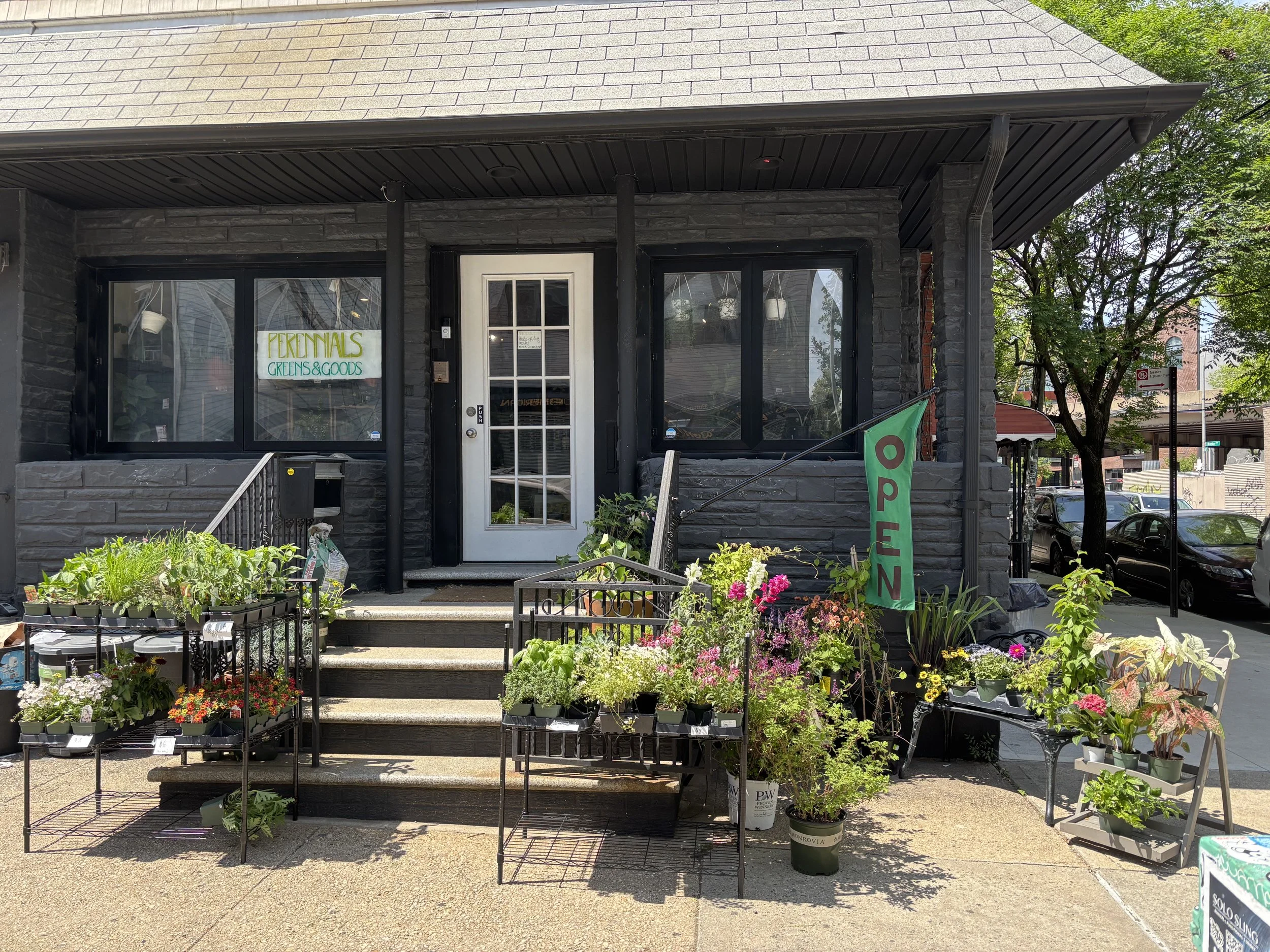 store front, outdoor plants