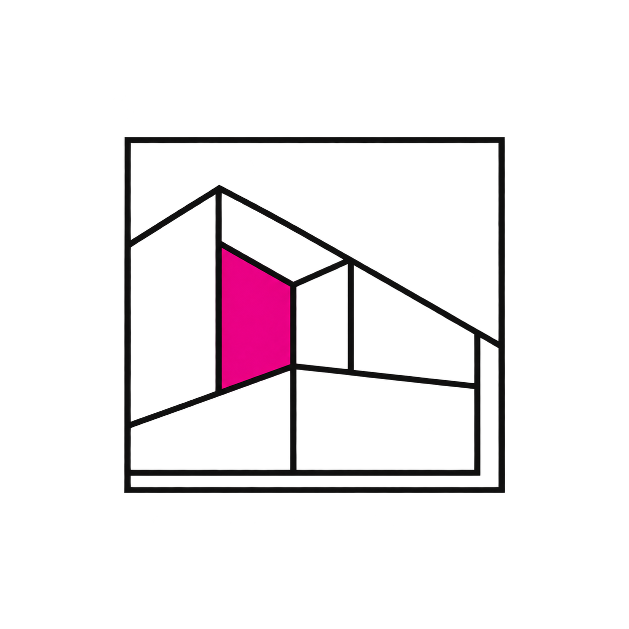 Disegno geometrico di un quadrato delineato, suddiviso in sezioni da linee verticali, orizzontali e semicircolari.