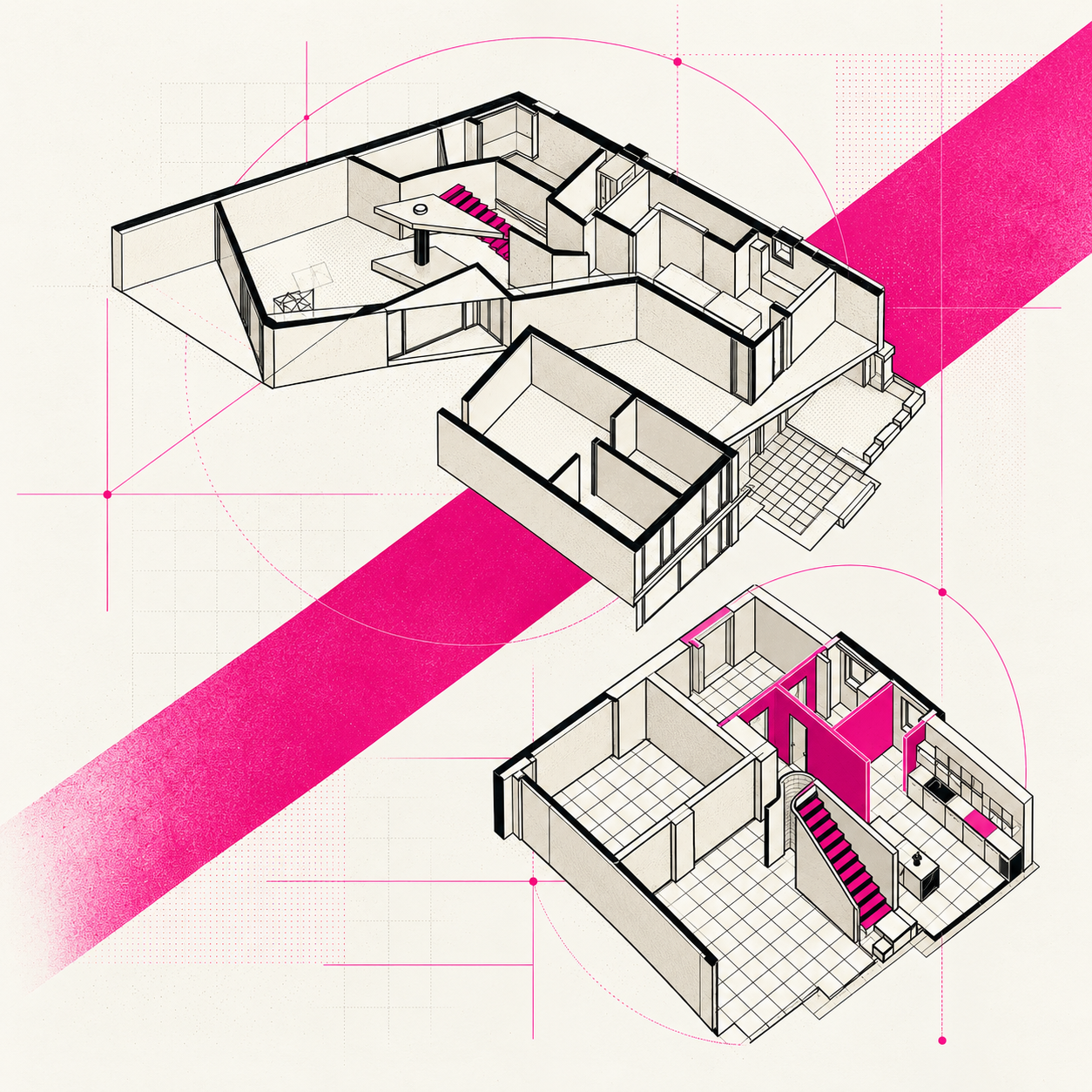 Collage di due assonometrie di progetti di Studio Runo, con spazi interni e scale disegnati in nero su fondo avorio, dettagli e un nastro diagonale magenta.