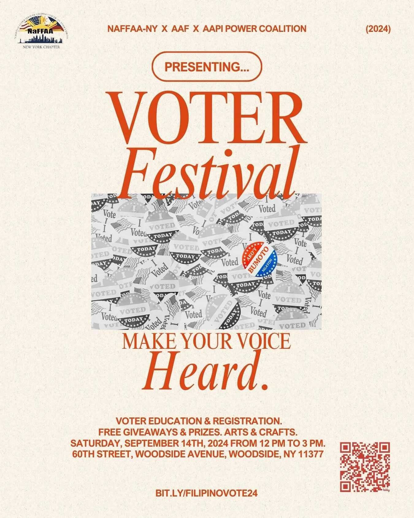 In collaboration with AAF and AAPI Power Coalition, this Saturday (09/14), come out to NaFFAA-NY&rsquo;s Voter Festival! 

We&rsquo;ll provide voter registration information, free giveaways, and more from 12 PM to 3 PM at 60th St, Woodside Avenue, Wo
