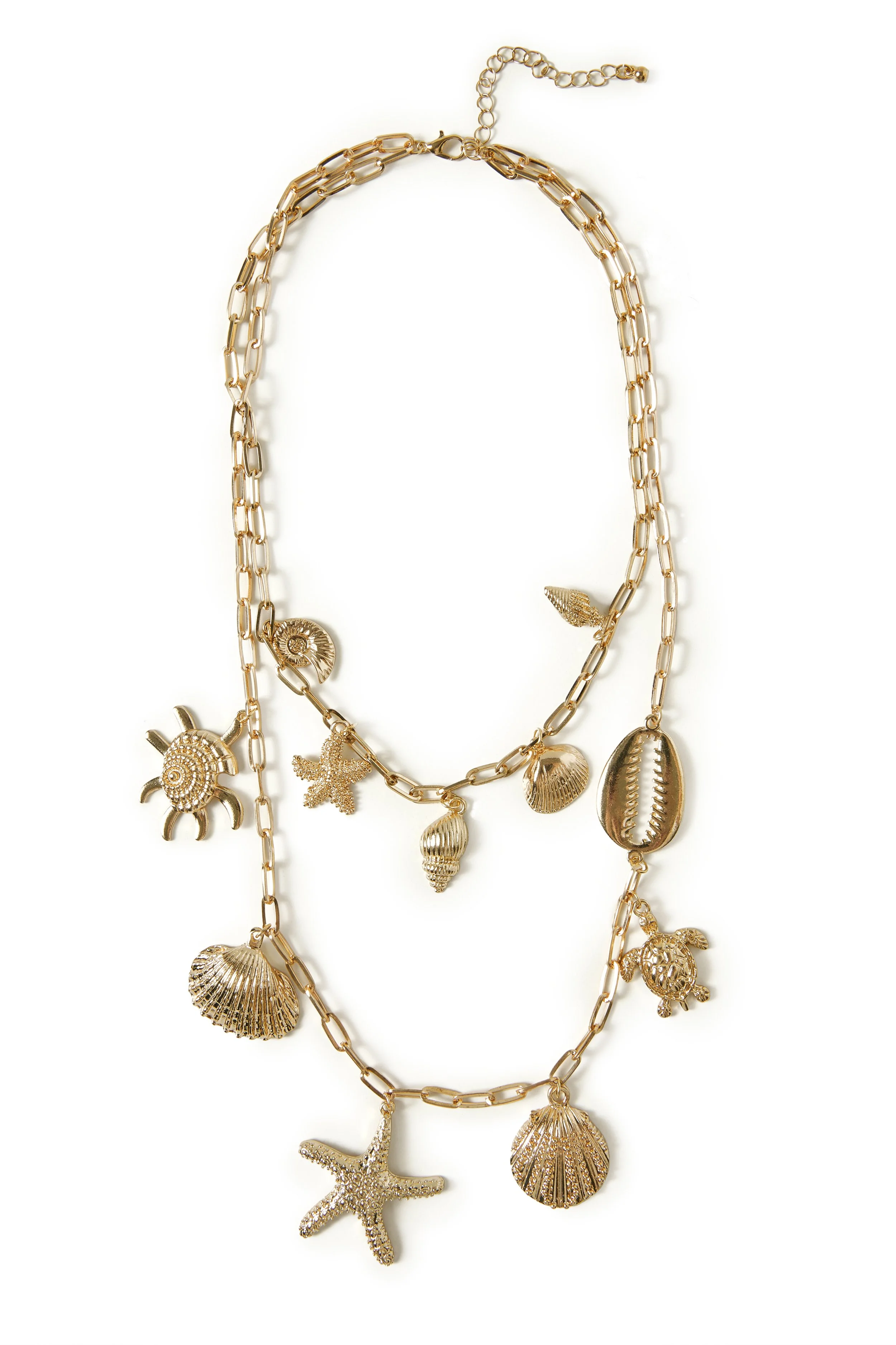 Gold layered necklaces with shell, starfish, and turtle charms on white background.