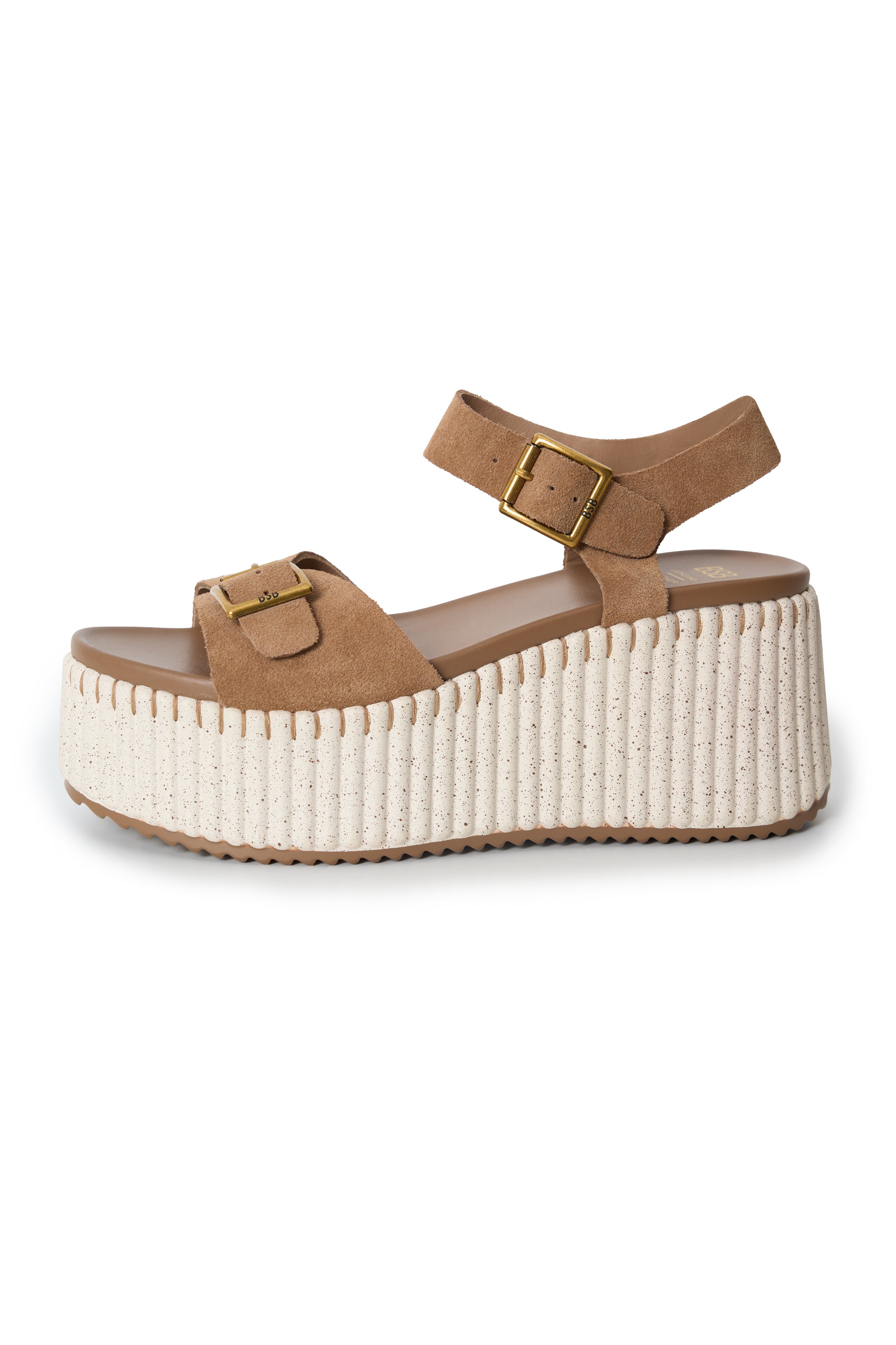 Beige platform sandal with thick striped sole, two suede straps with gold buckles, and an open toe design.