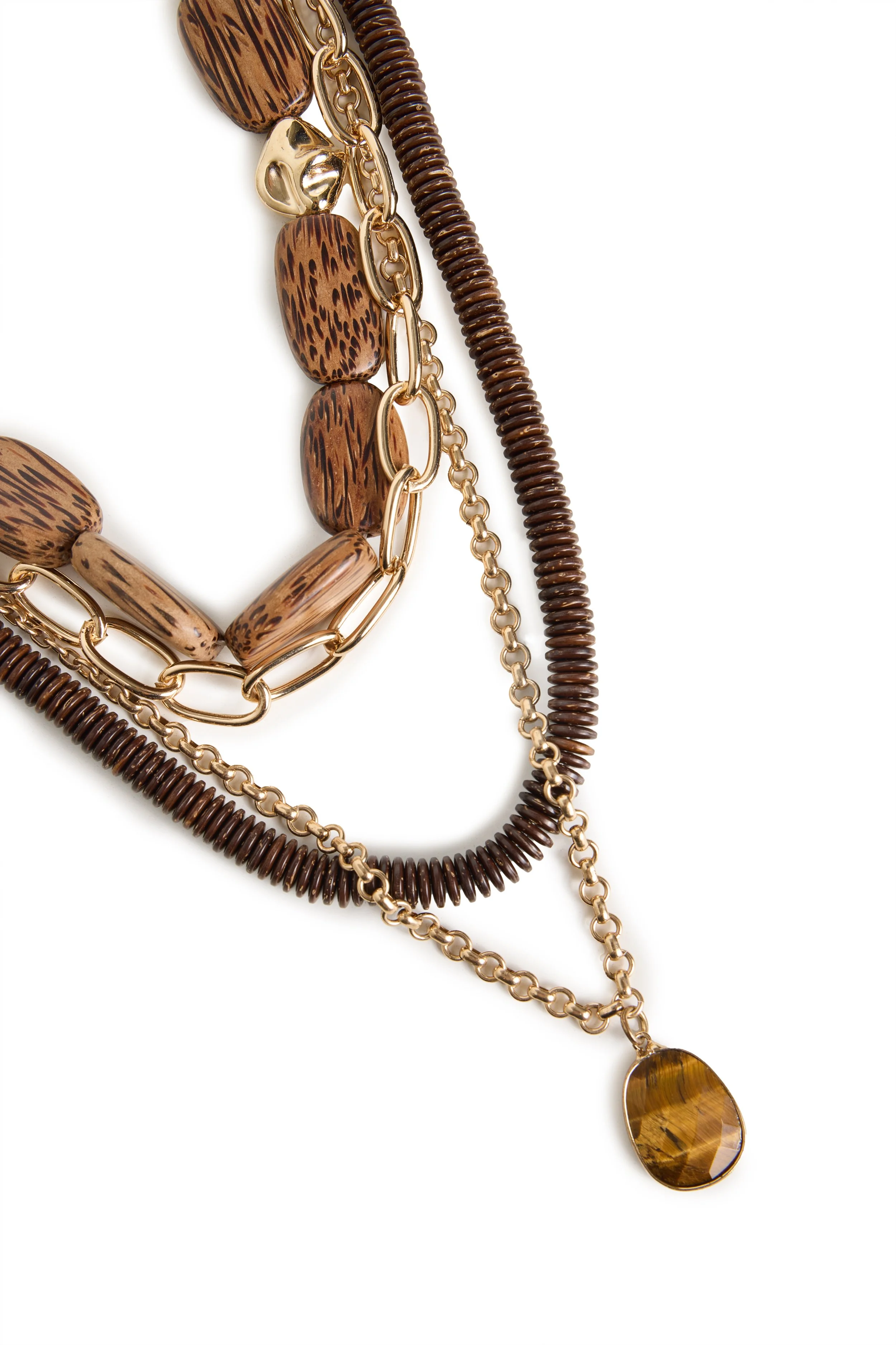 Multiple layered necklaces with brown and gold beads, chain links, and a large round amber pendant.