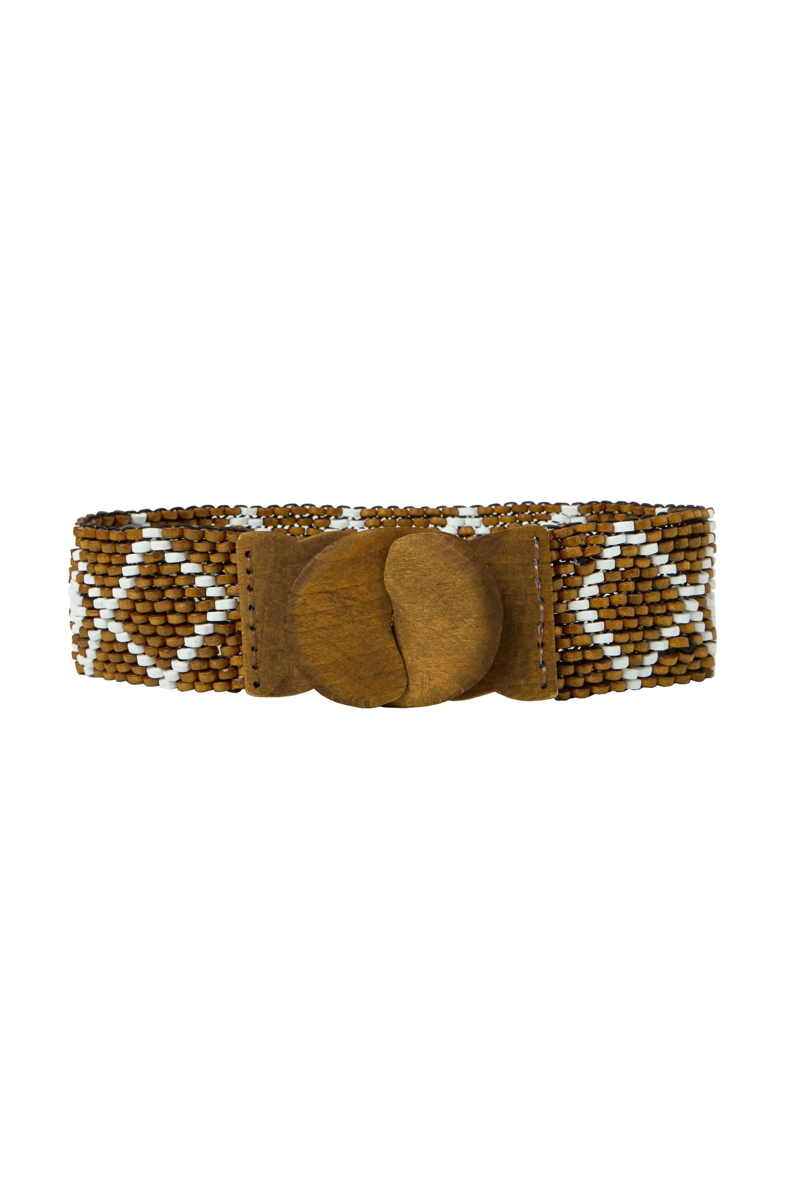 Brown and white beaded belt with a large wooden buckle.