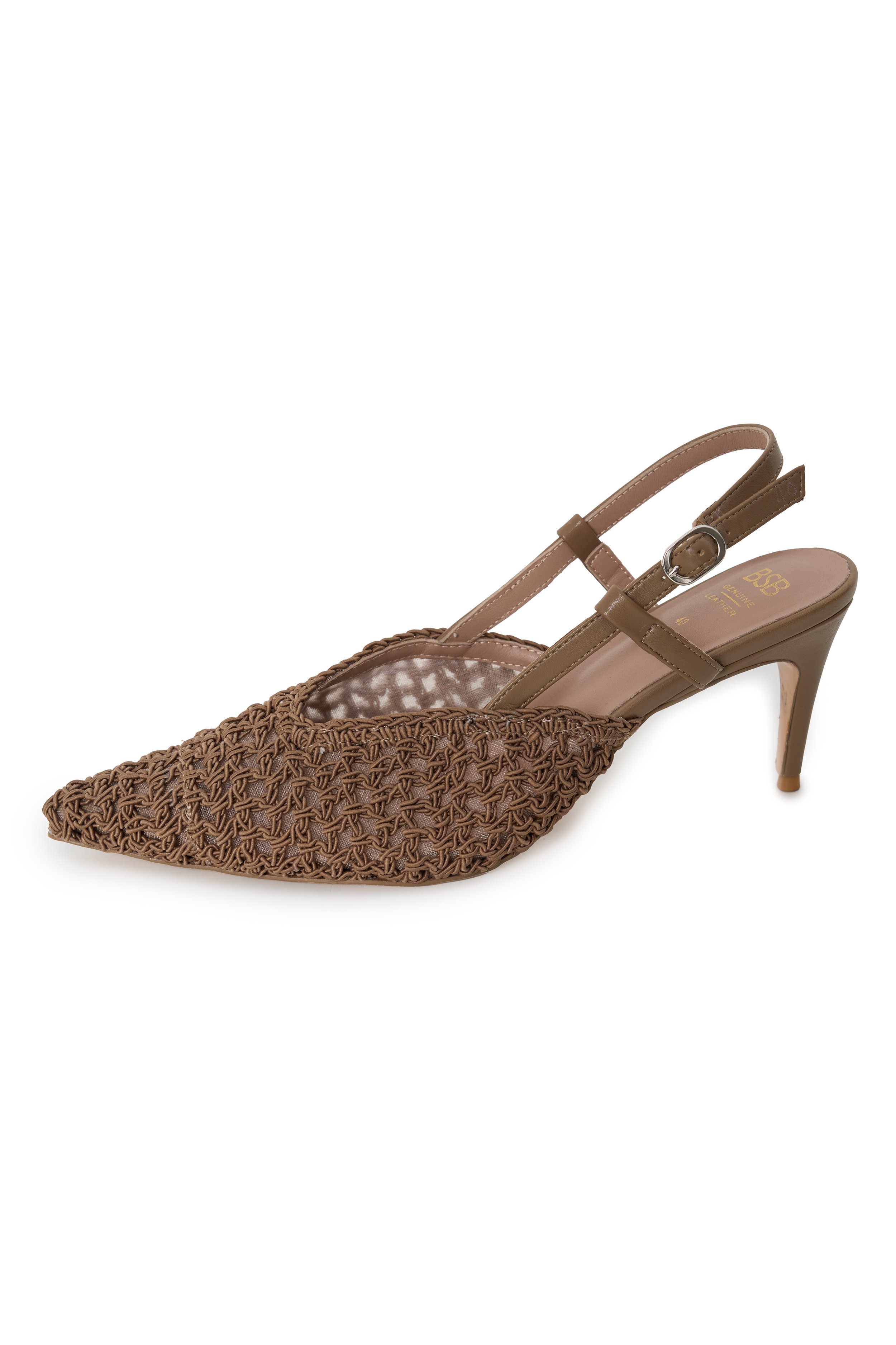 Brown woven high-heeled sandal with closed pointed toe, ankle strap, and stiletto heel