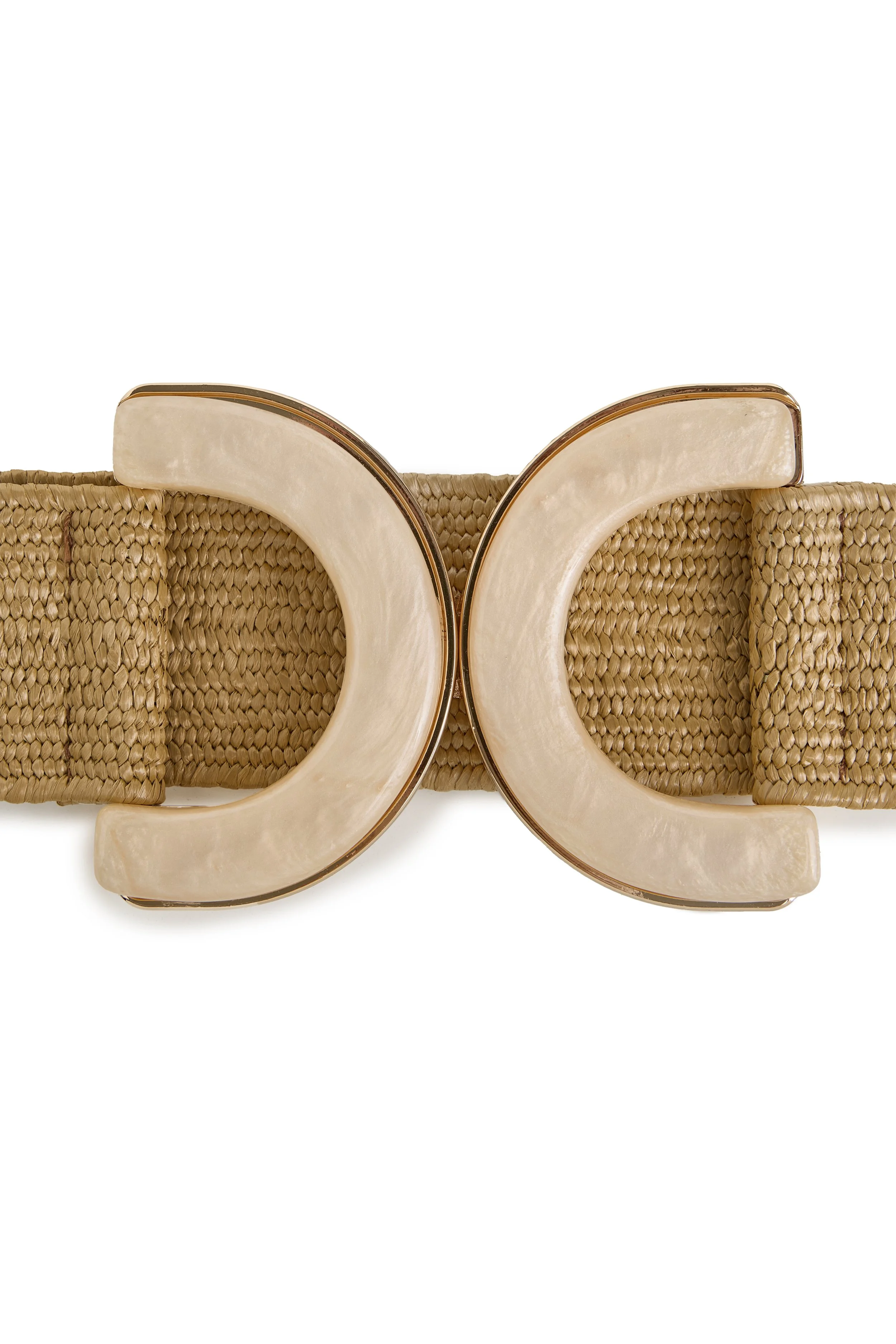 A woven straw handbag with large cream-colored plastic buckle accents.