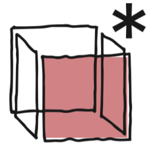 Geometric drawing of an outline square with sections divided by vertical, horizontal, and circle lines.