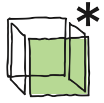 Geometric drawing of an outline square with sections divided by vertical, horizontal, and diagonal lines.