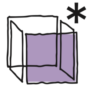 Geometric drawing of an outline square with sections divided by vertical, horizontal, and half circle lines.