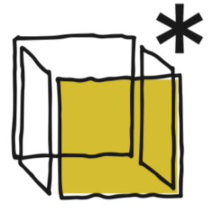 Geometric drawing of an outline square with sections divided by vertical, horizontal, and diagonal lines.