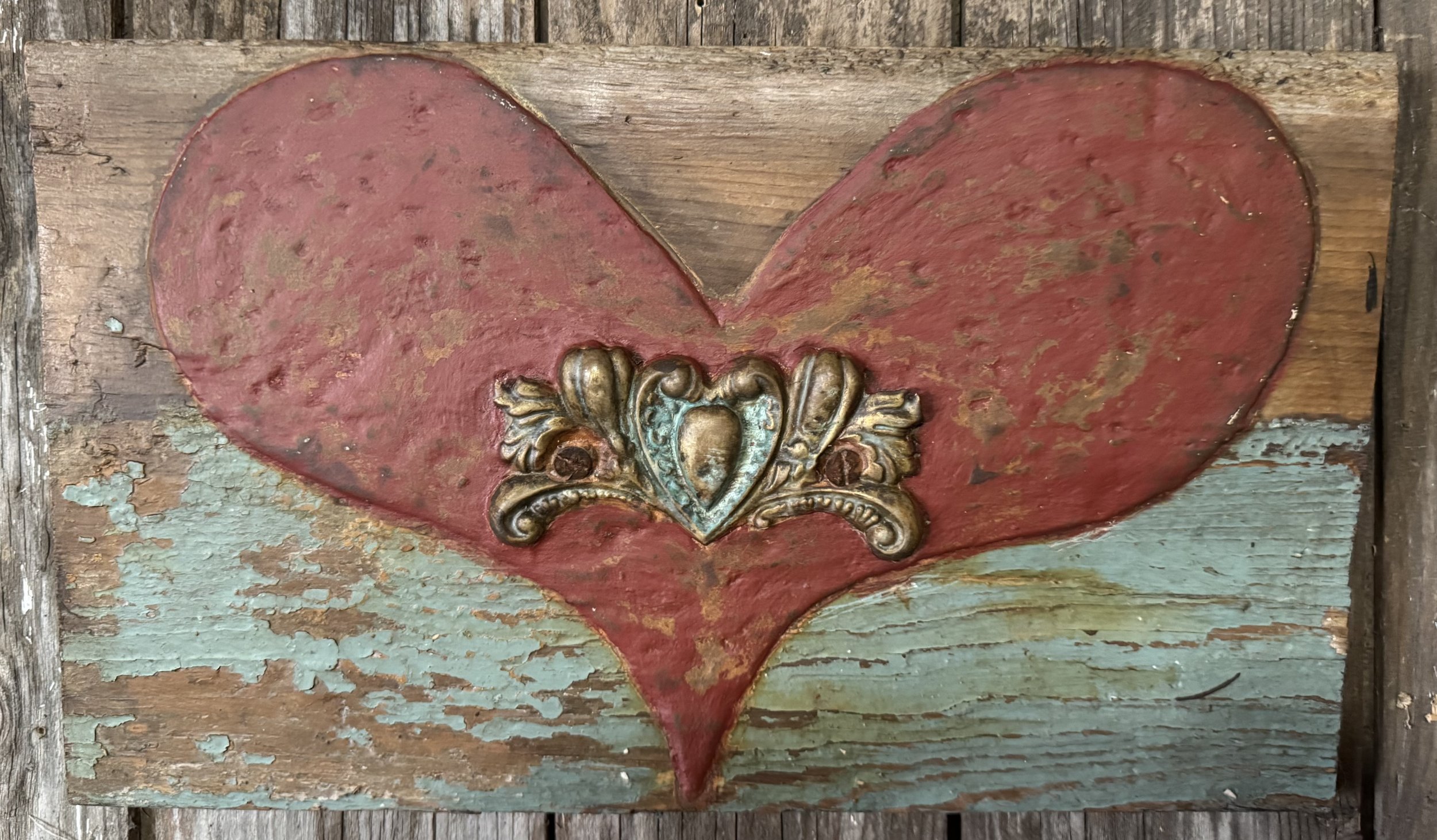 Wide Heart on Blue Chippy Paint Board with Fancy Heart Hardware