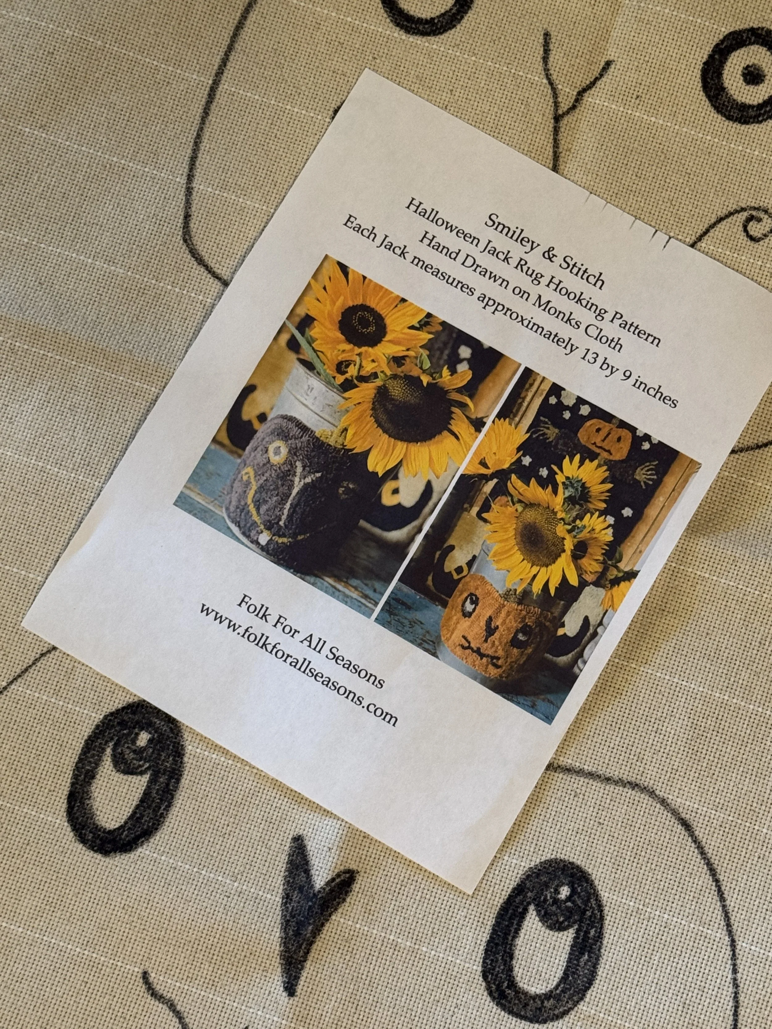 Smiley & Stitch Jack Rug Hooking Pattern Hand Drawn on Monks Cloth