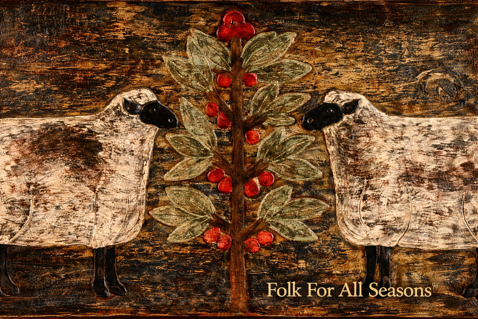 Primitive Sheep and Berry Bush - Digital Download - Enhanced Print of Original Folk Art