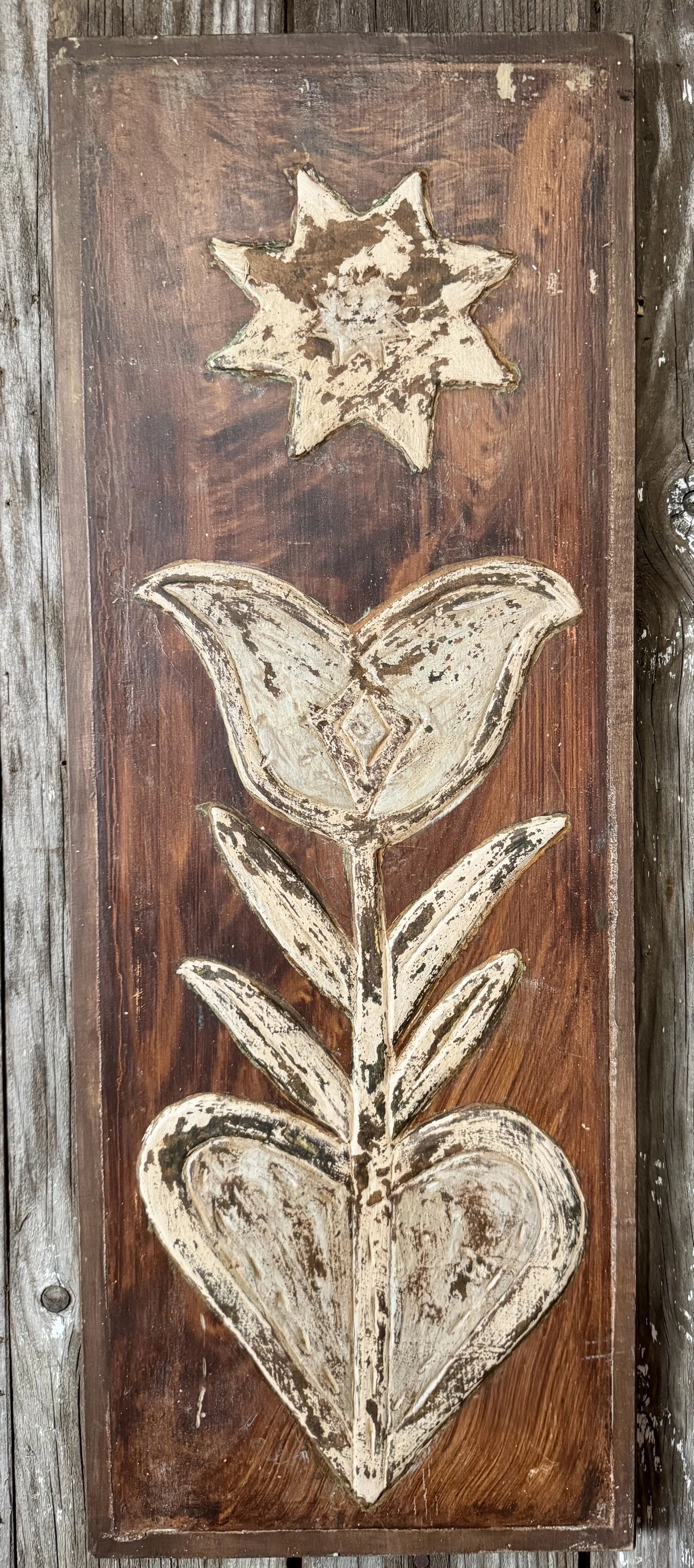 Large White Tulip and Heart with Starburst on Amazing Grain Painted Door Panel