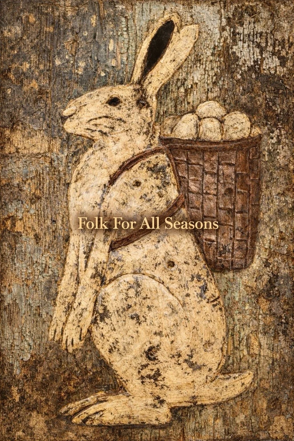 Most Primitive Easter Bunny with Basket Back Pack Full of Eggs - Digital Download - Enhanced Print of Original Folk Art