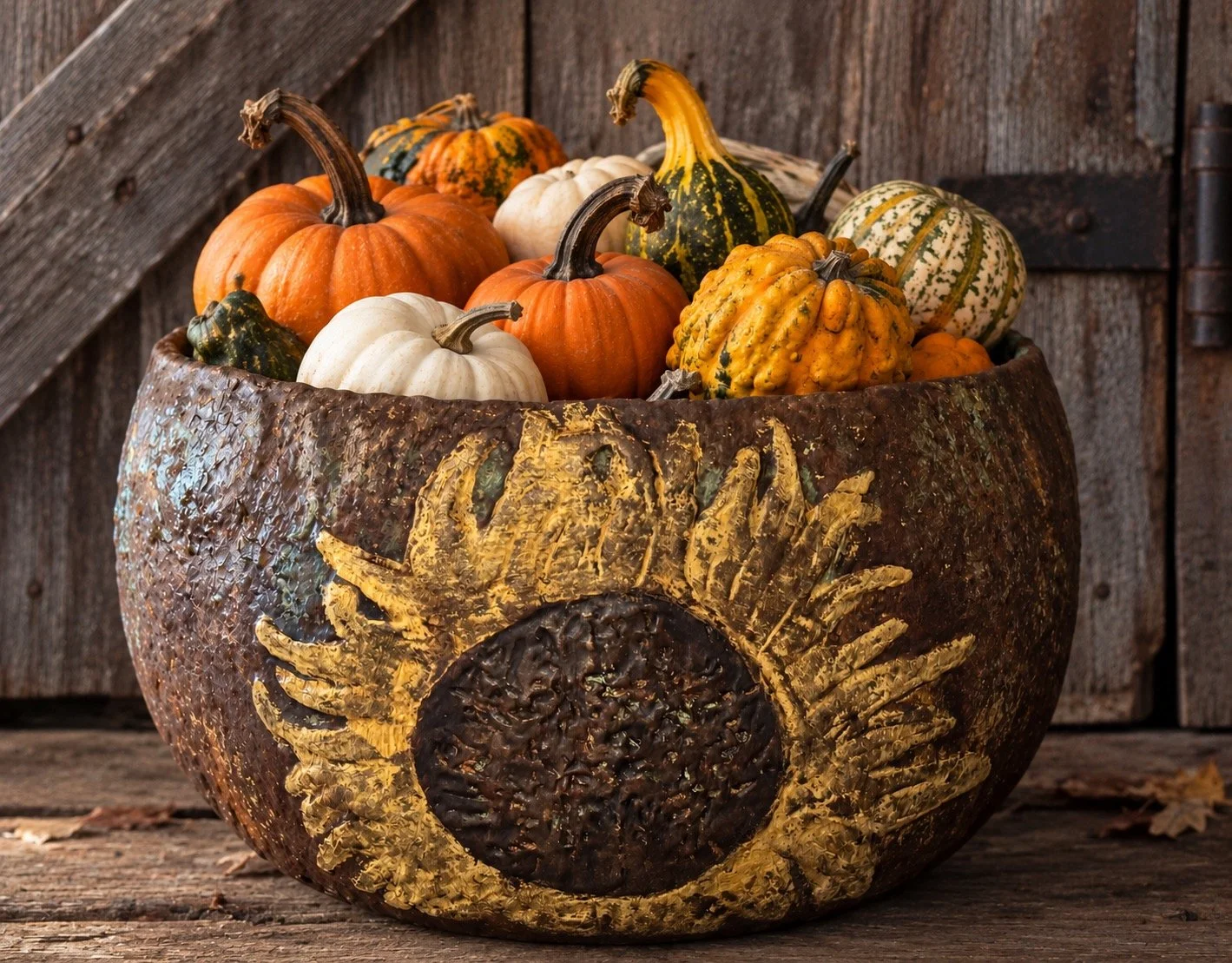 Very Large and Primitive Paper Mache Bowl with Sunflower and Fall Leaves