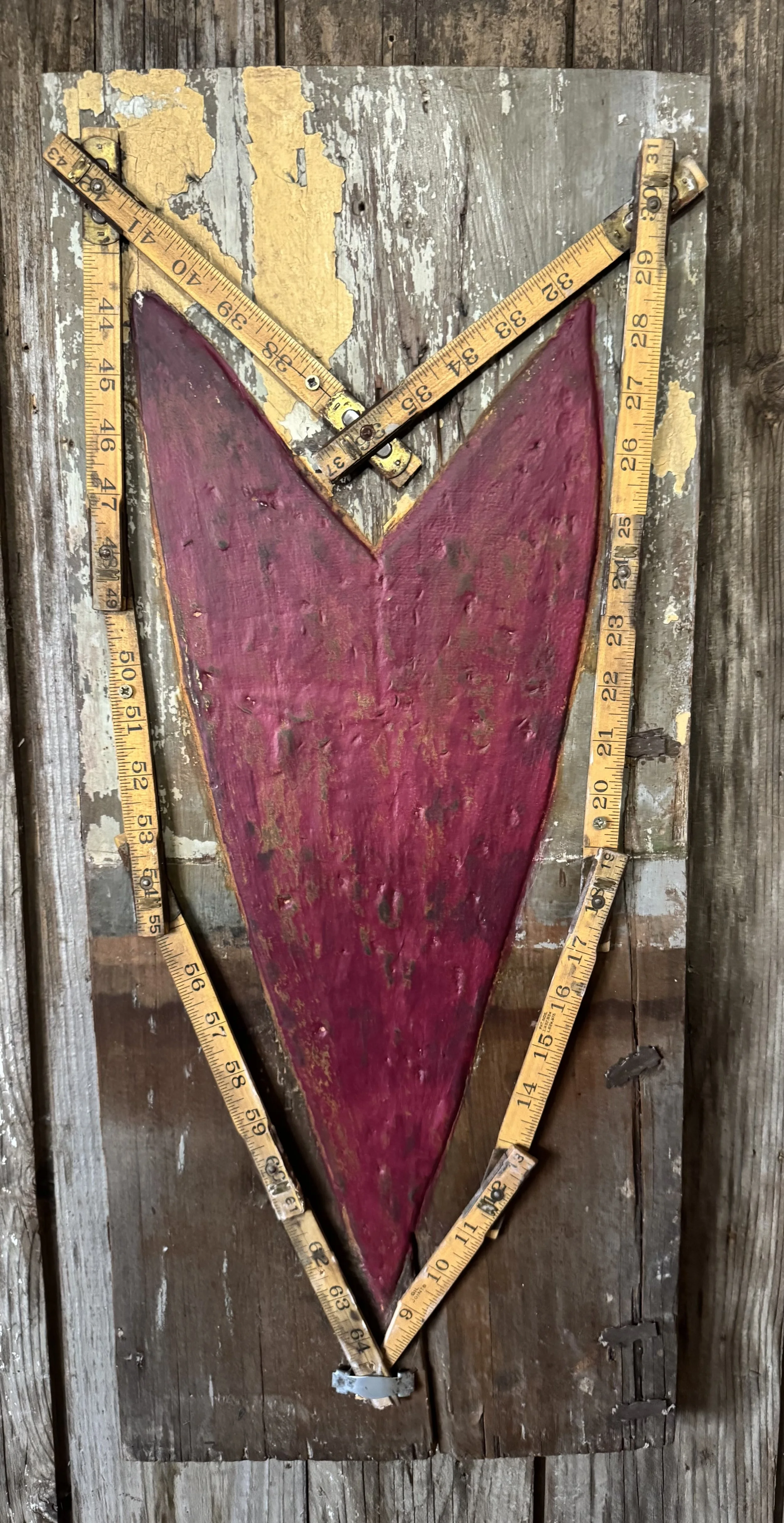 Hearts Cannot Be Measured on Chippy Paint Board with Real Old Measuring Tool