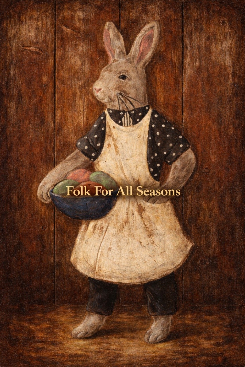 Easter Bunny with Apron and Colored Eggs in a Bowl - Digital Download - Enhanced Print of Original Folk Art