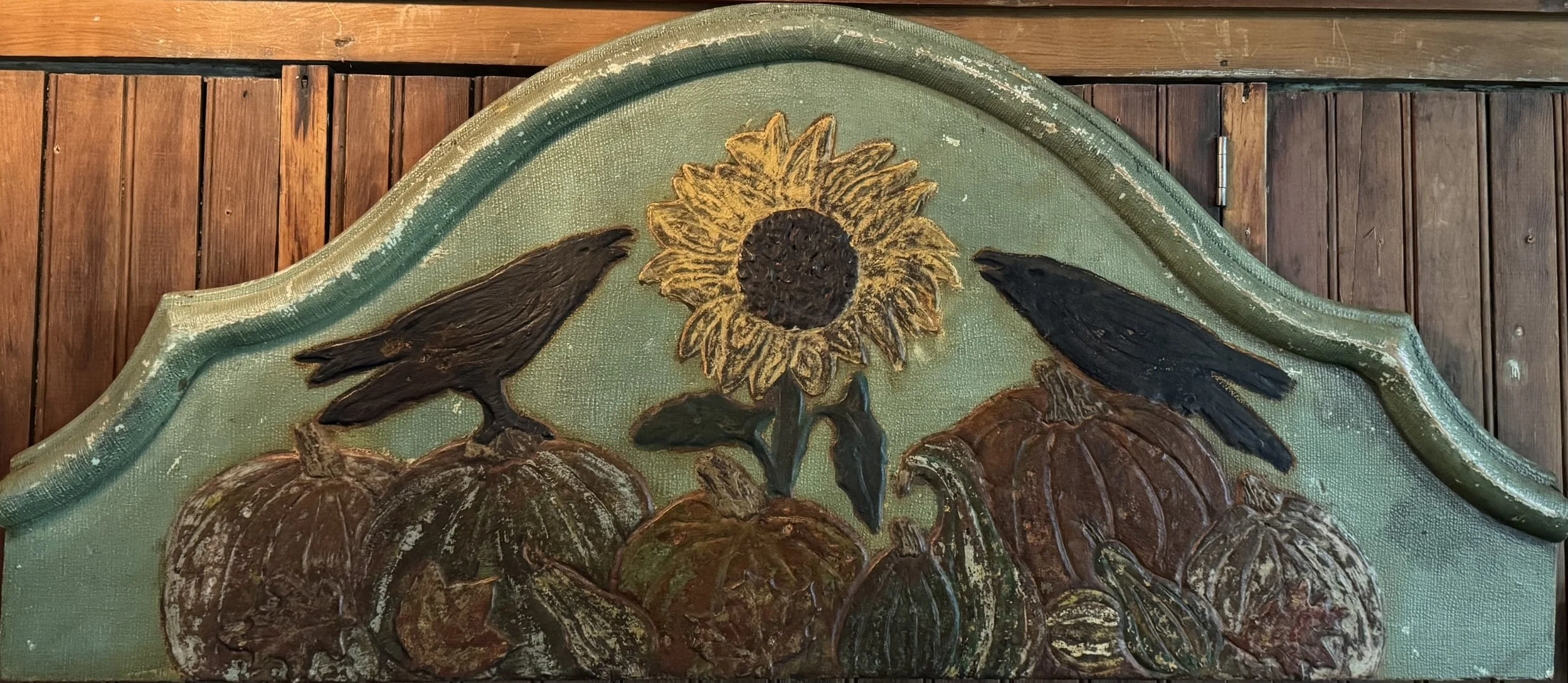 Large Beautiful Fall Scene with Crows, Sunflowers, Pumpkins, Gourds and Leaves Made on Old Headboard Piece