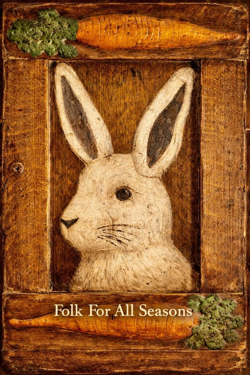 White Bunny Portrait with Carrots on Frame - Digital Download - Enhanced Print of Original Folk Art