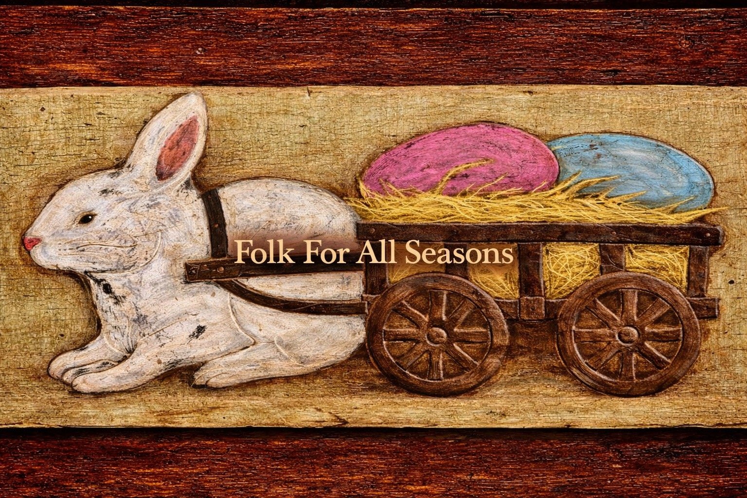 White Bunny Pulling Wagon with Colorful Eggs - Digital Download - Enhanced Print of Original Folk Art