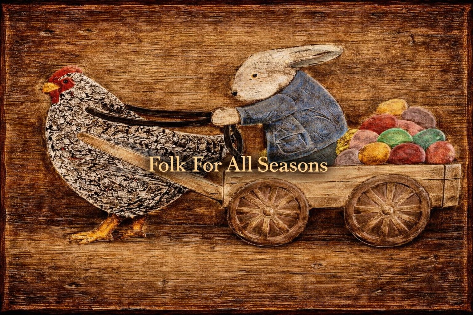 Bunny Driving a Chicken Pulling Wagon with Colorful Easter Eggs - Digital Download - Enhanced Print of Original Folk Art