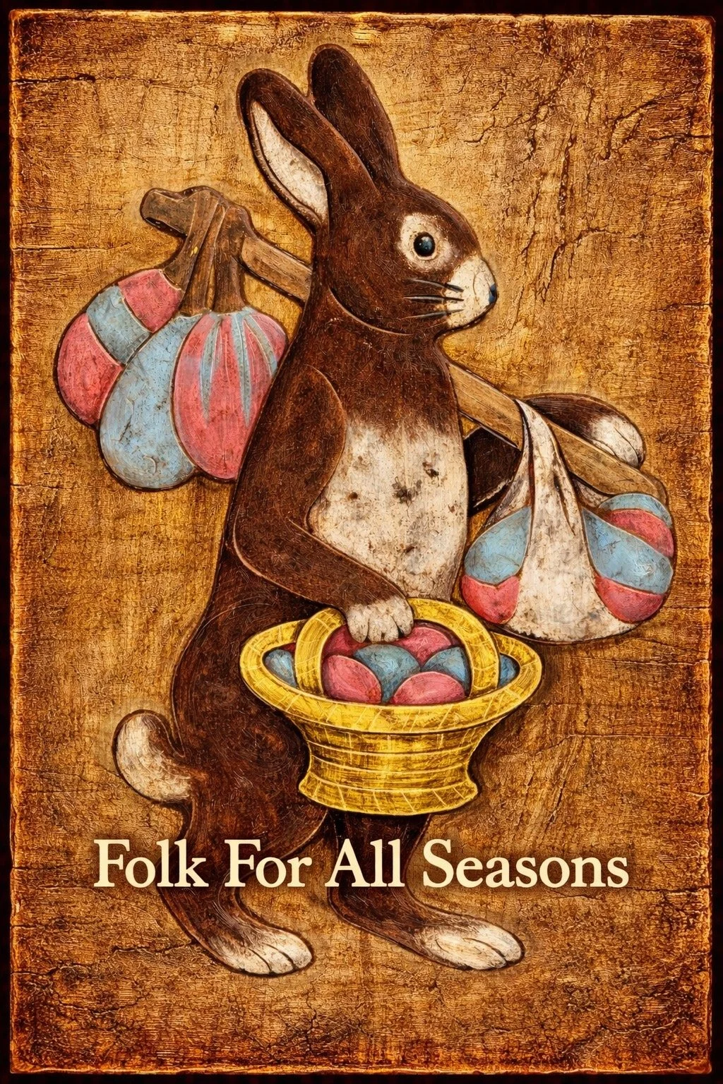 Brown Easter Bunny Delivering Eggs - Digital Download - Enhanced Print of Original Folk Art