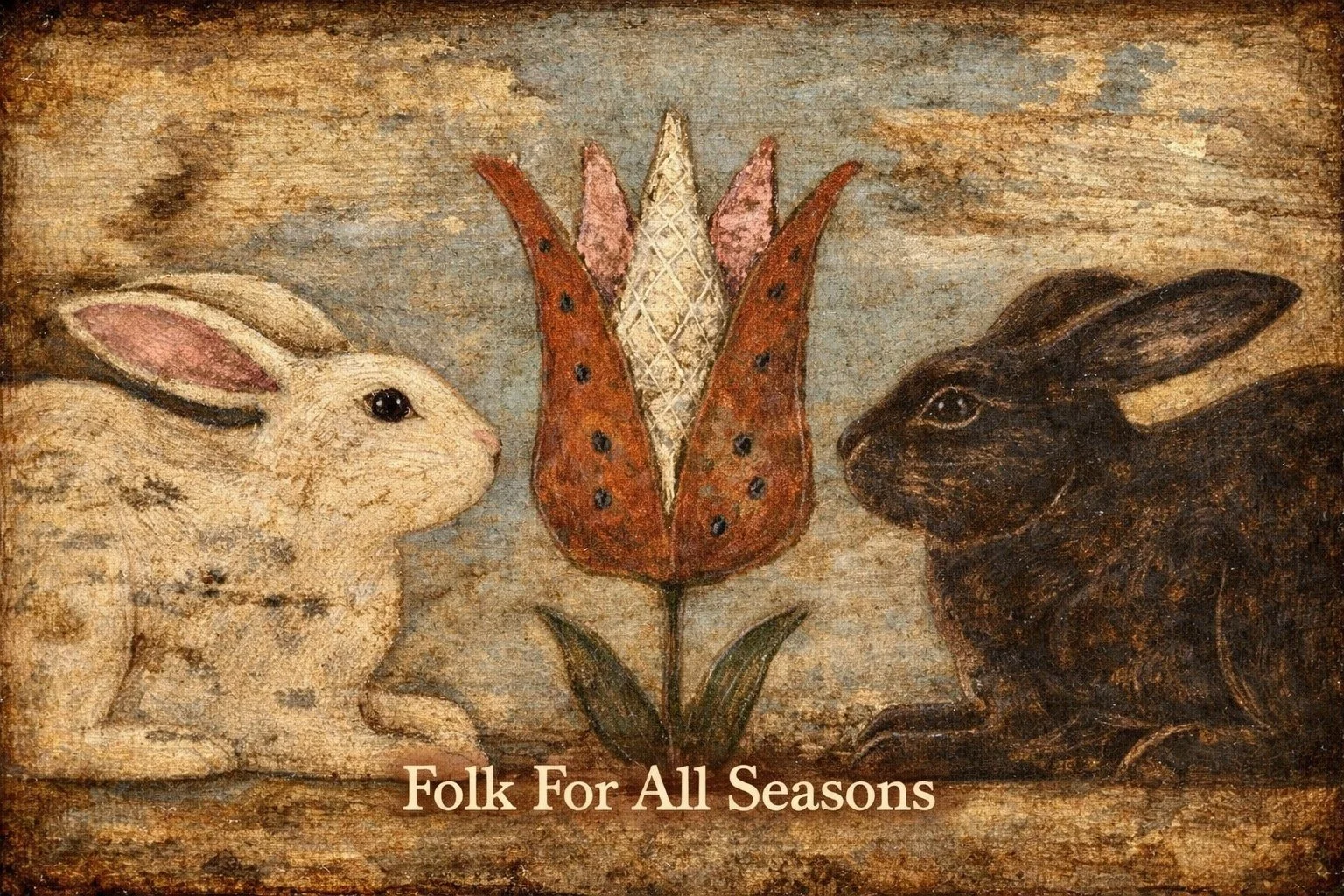 Black and White Bunnies Admiring Spring Tulip - Digital Download - Enhanced Print of Original Folk Art