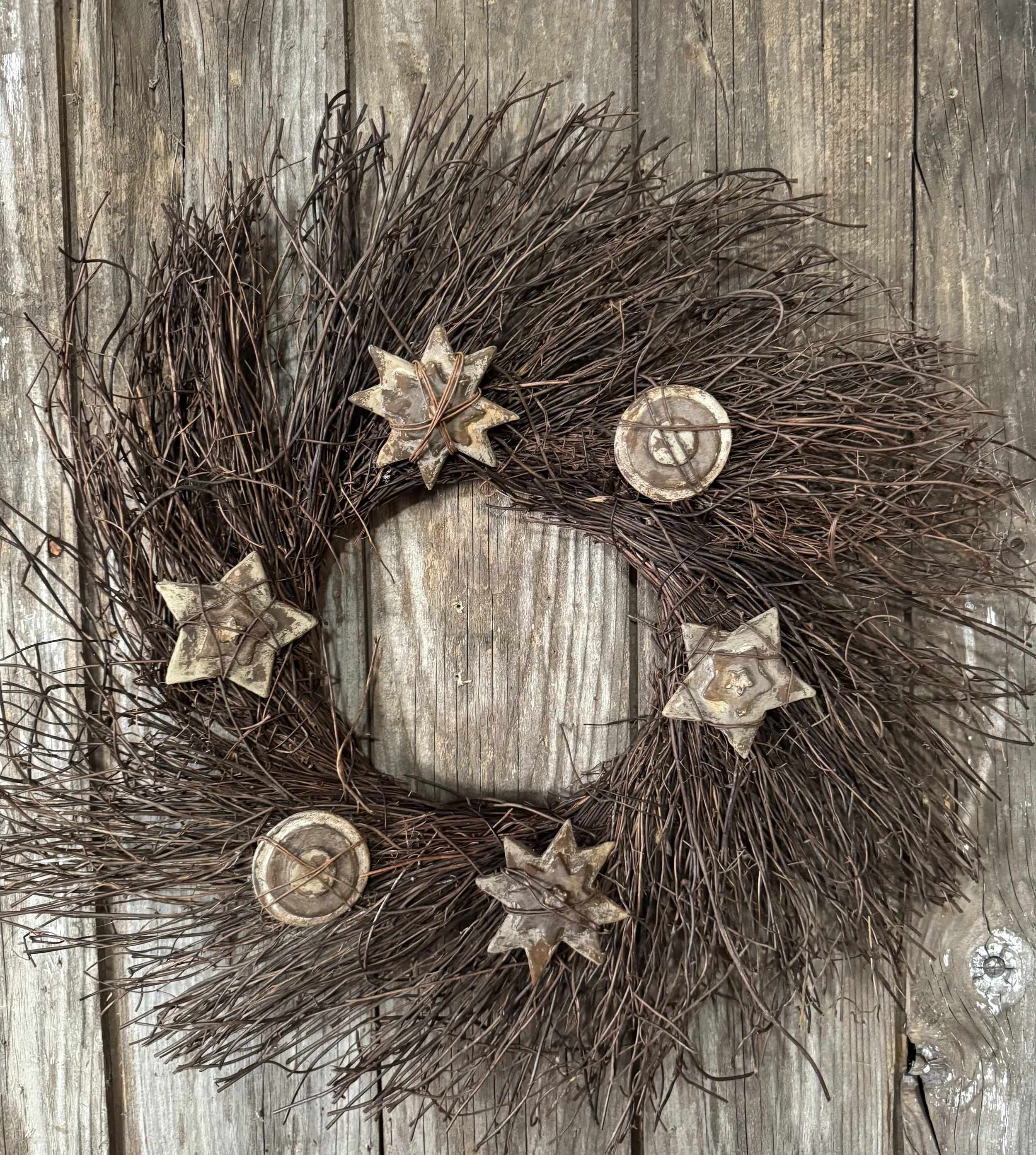 Twiggy Welcome Wreath with Wire Wrapped Pennies, Stars and Starbursts  18 inches