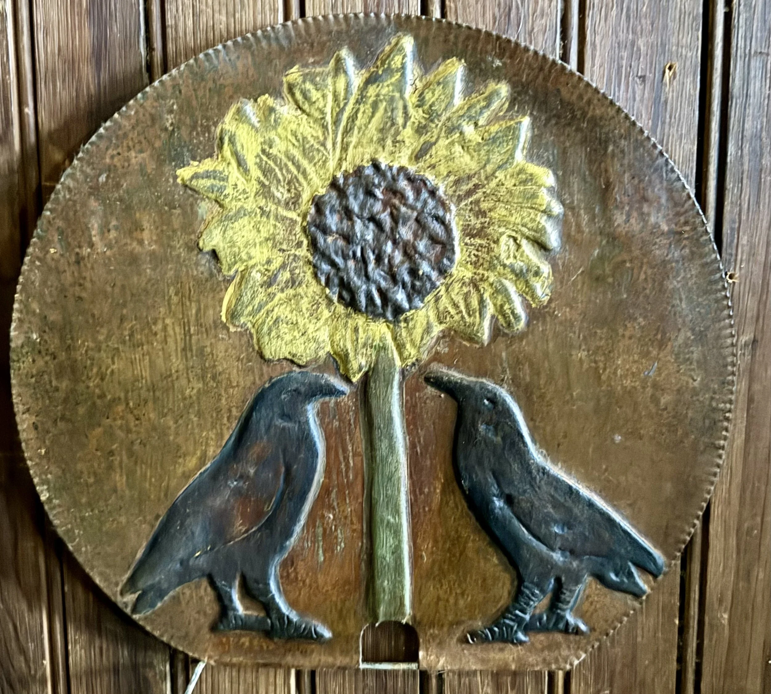 Crows and Sunflower on an Old Rusty VT Tin Sap Bucket Lid