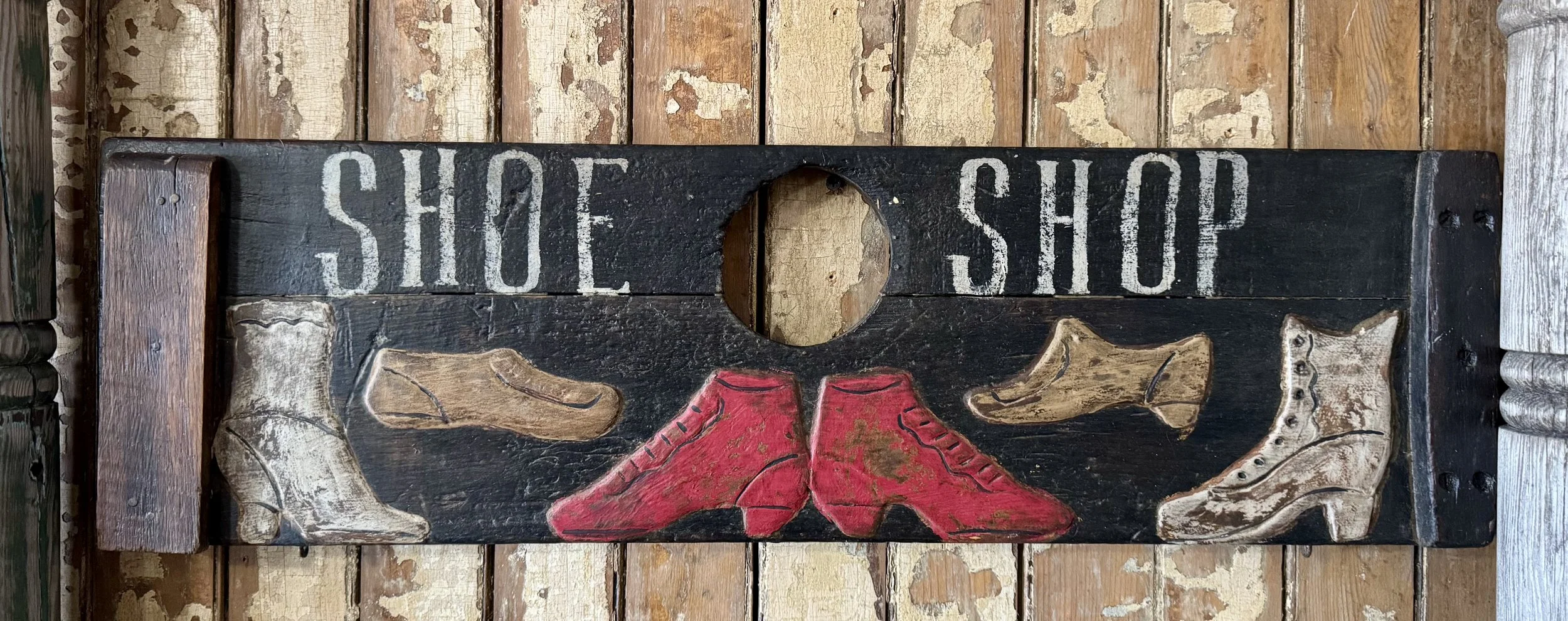 Shoe Shop Trade Sign Folk Art- Made on an Old Tool Box Trunk Top
