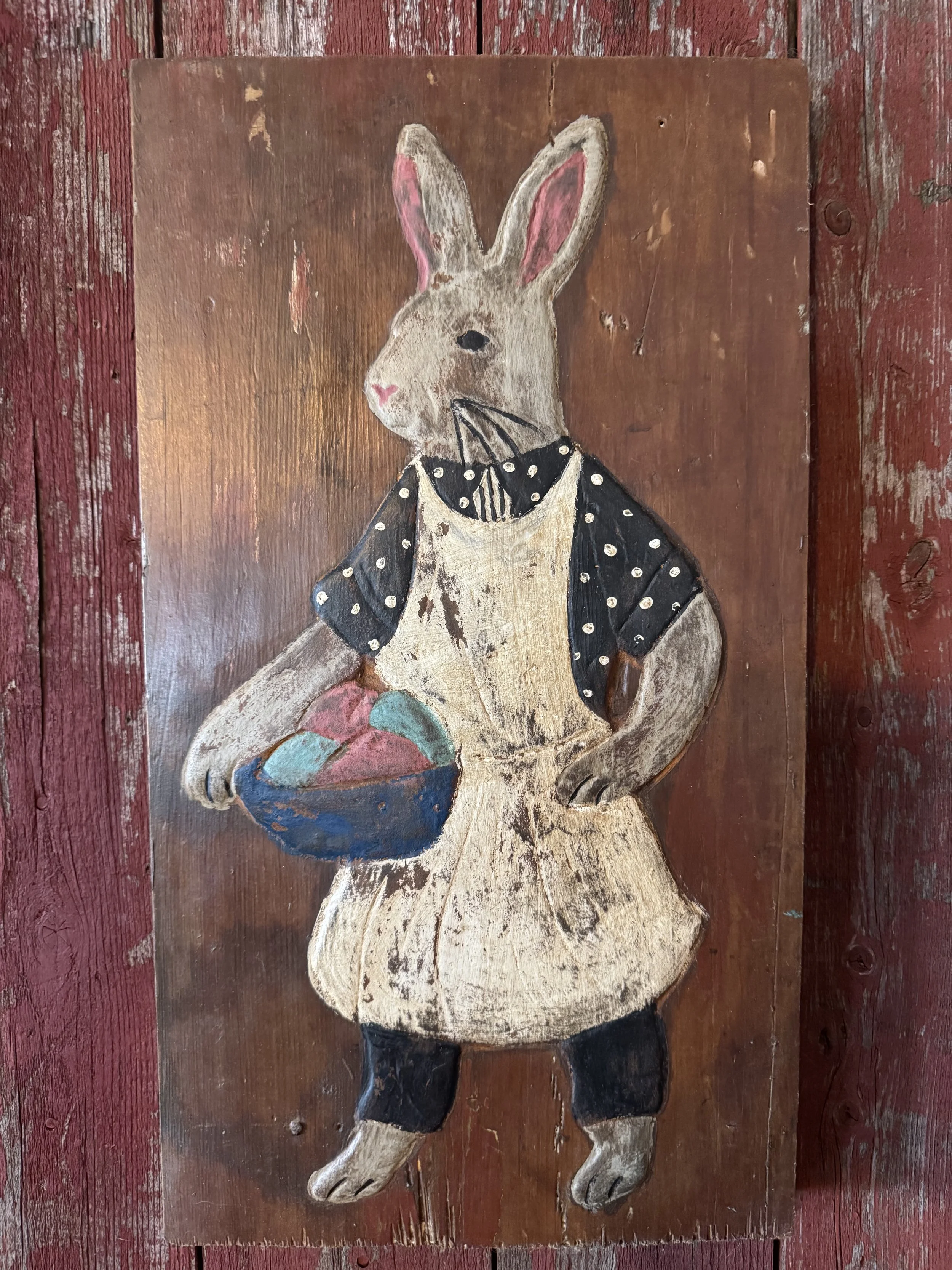 Easter Bunny with Apron Carrying Bowl of Colored Eggs