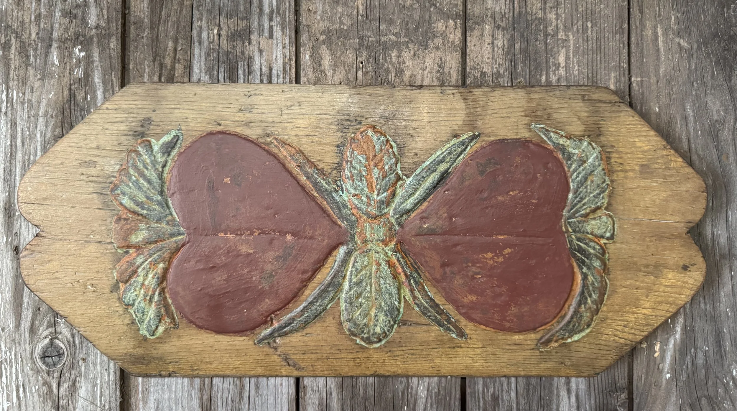 Two Hearts with Greenery on Shaped Board Can Hang Vertical or Horizontal