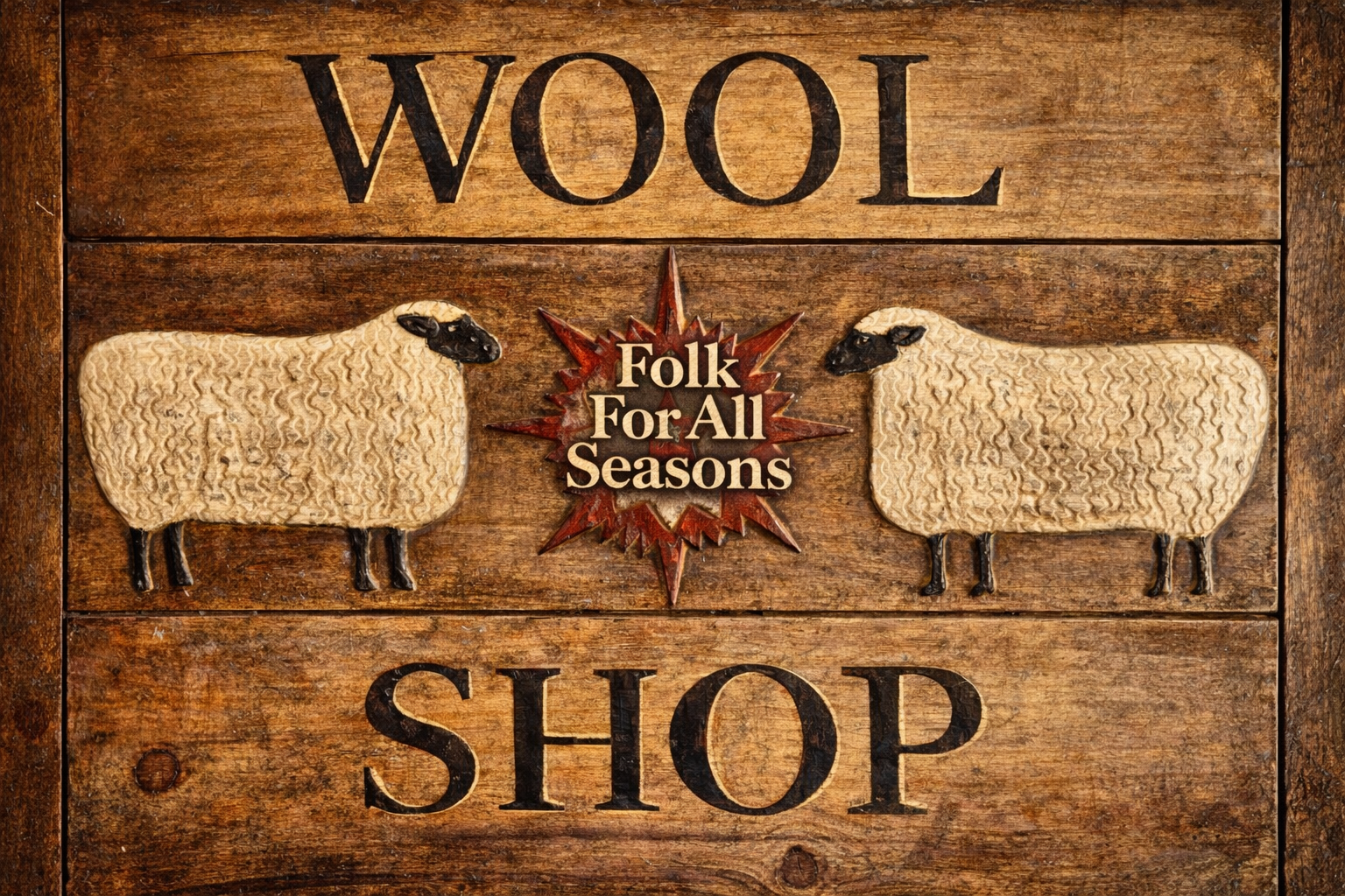 Wool Shop Sign with Two Sheep and Starburst - Digital Download - Enhanced Print of Original Folk Art