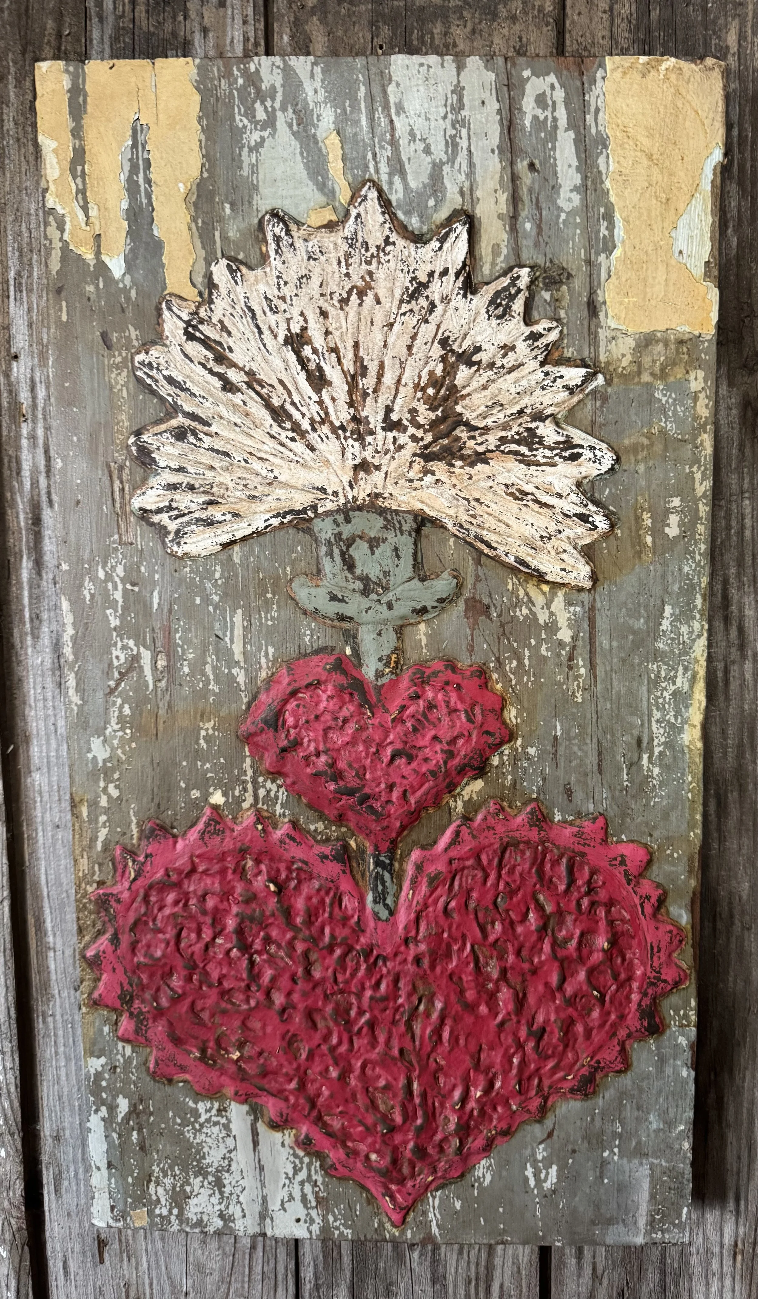 Stacked Hearts with Primitive Flower