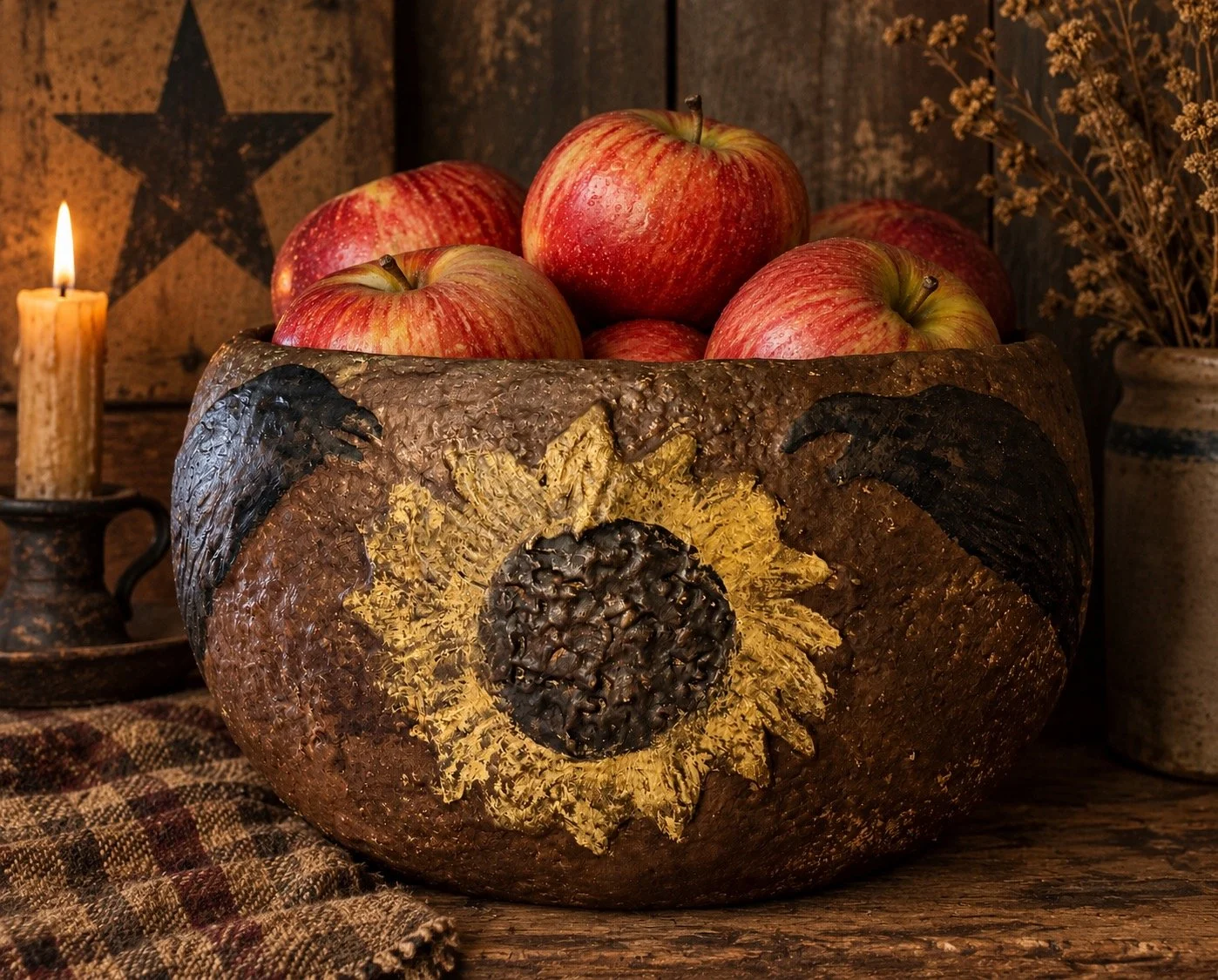 Very Large and Primitive Paper Mache Bowl with Sunflower and Two Crows
