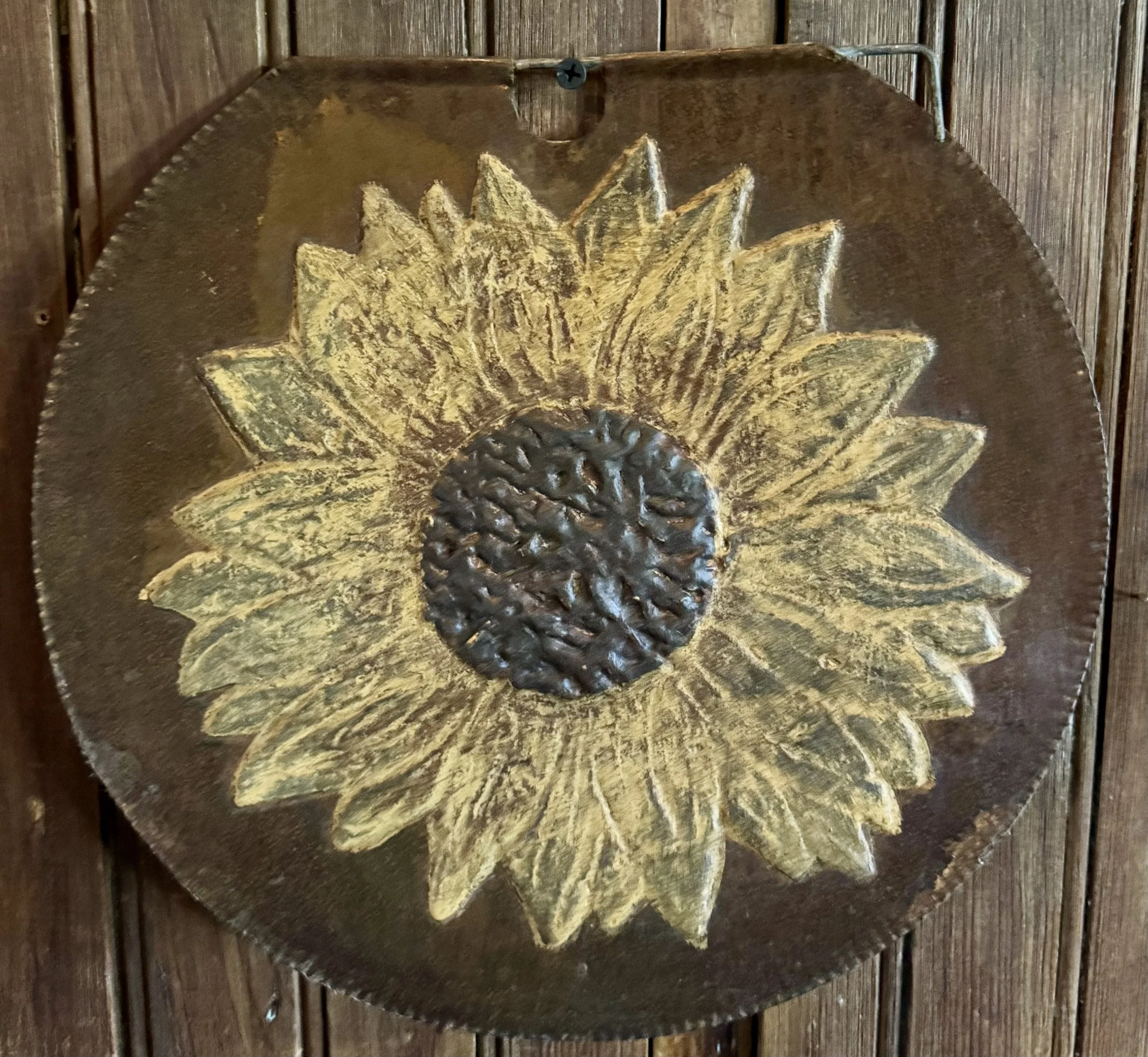 Traditional Sunflower on Old Rusty Tin VT Sap Bucket Lid