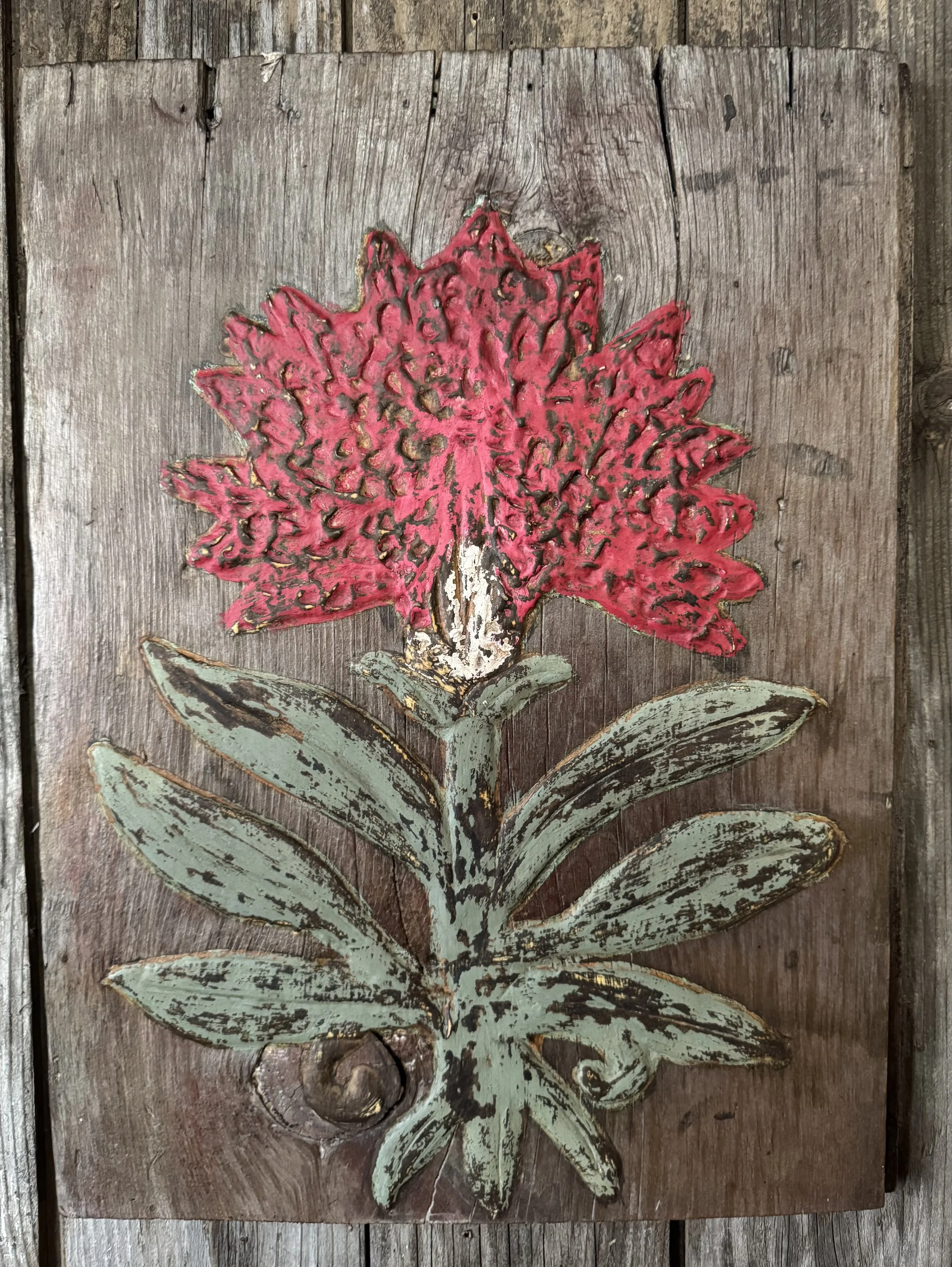 Primitive Red Flower on Old Barn Board