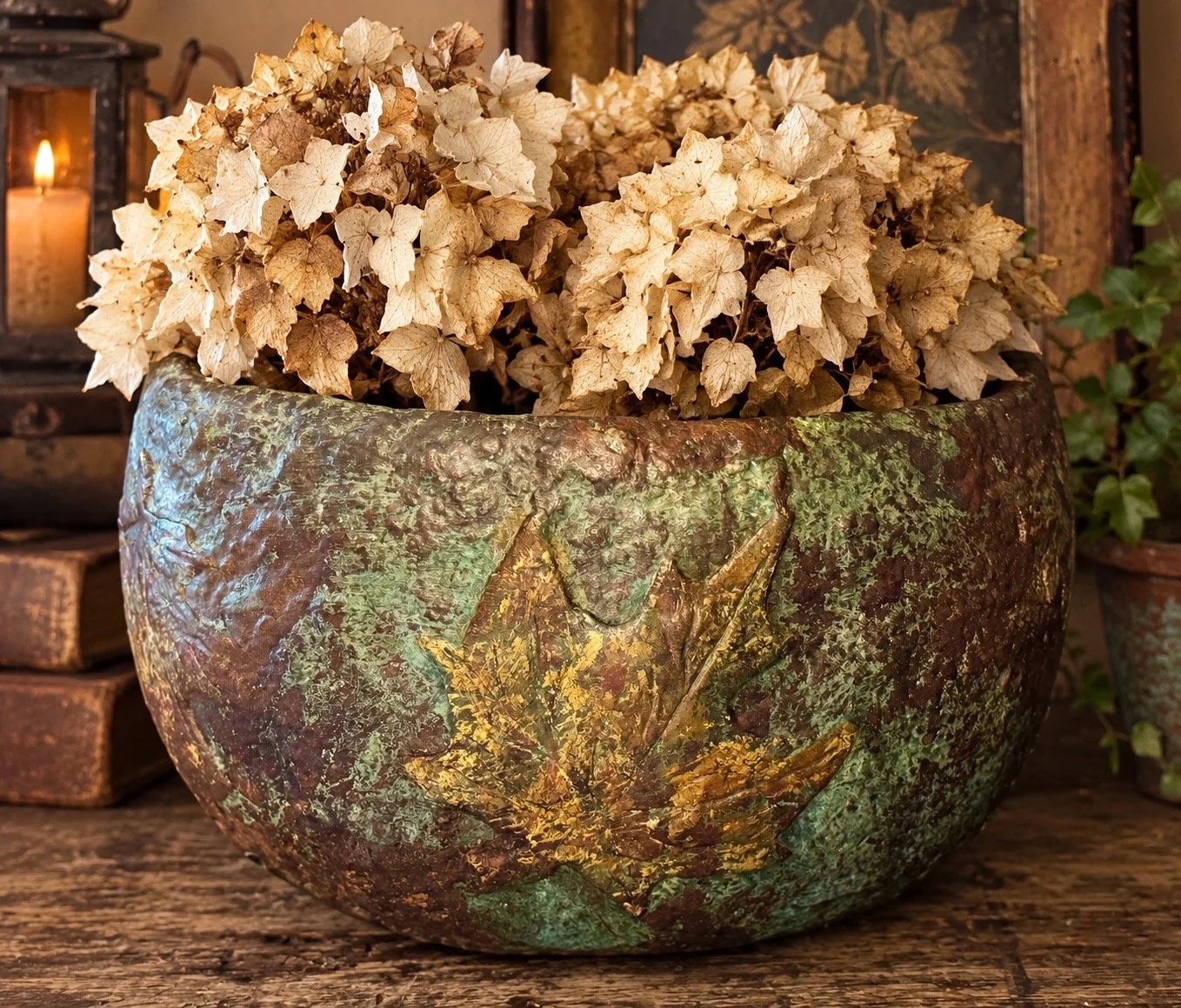 Very Large and Primitive Paper Mache Bowl with Fall Leaves All Around